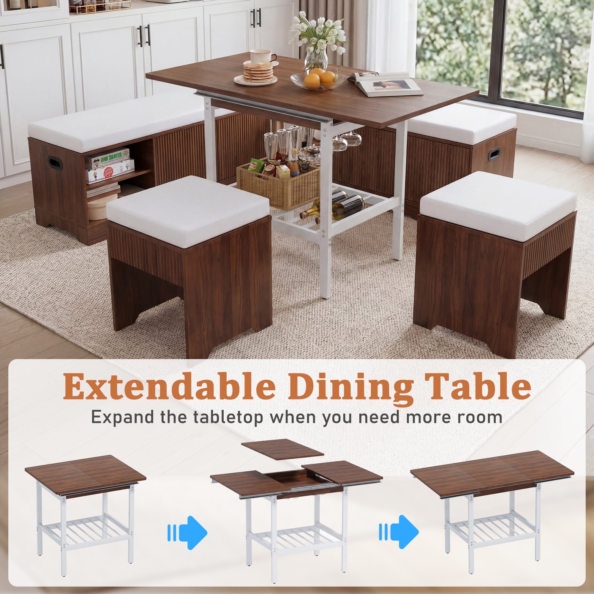 Extendable dining table with stools in a room setting, showing the table expanding.