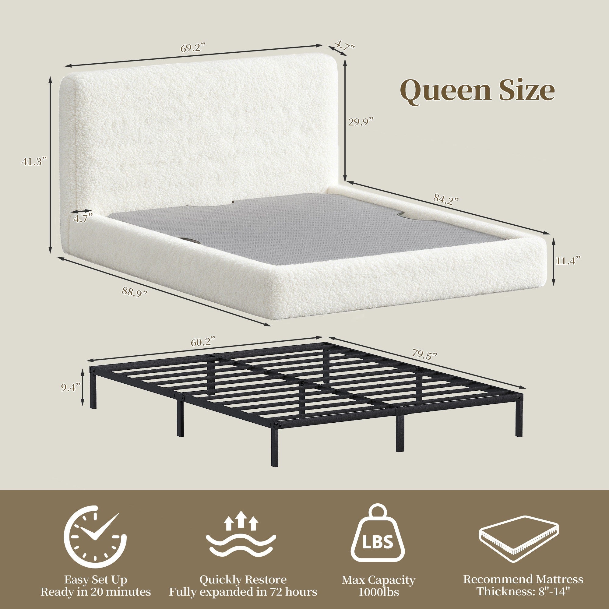 Advwin Cloud Bed Frame with Headboard