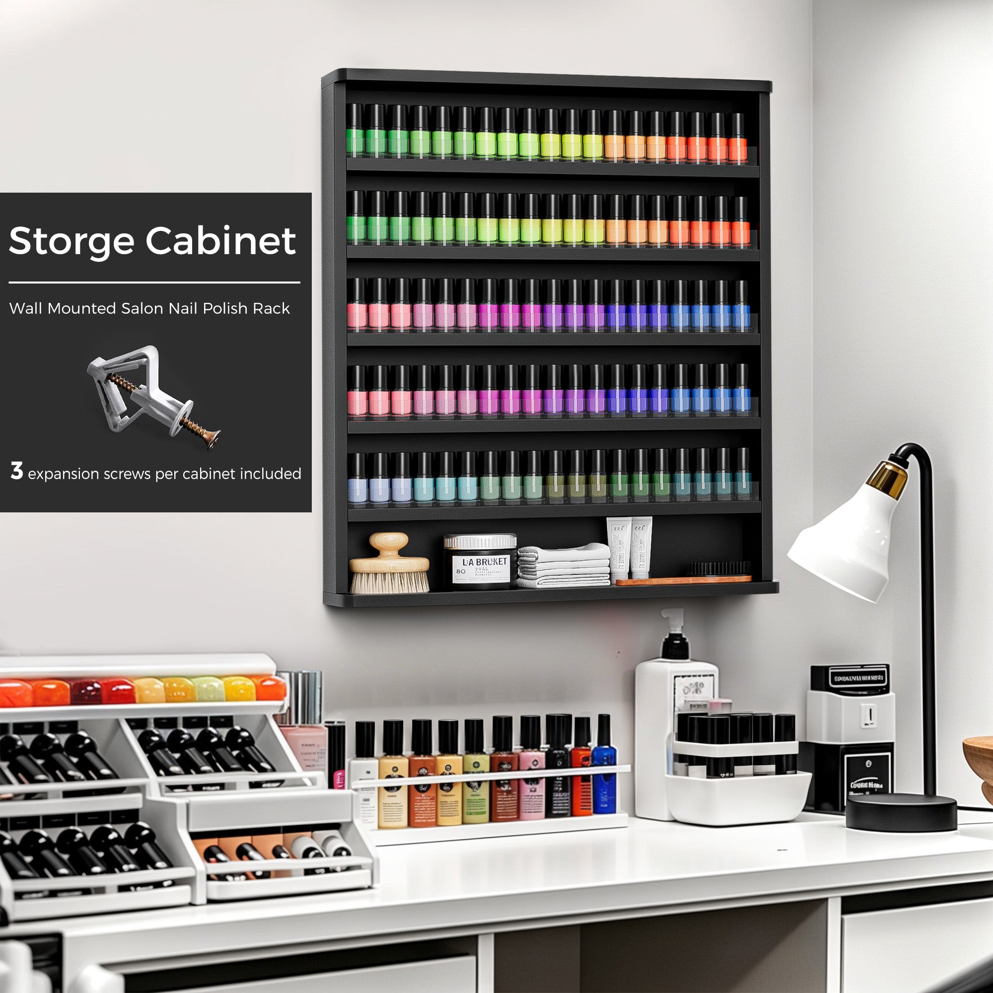 Wall-mounted salon nail polish rack with colorful bottles on a gray wall.