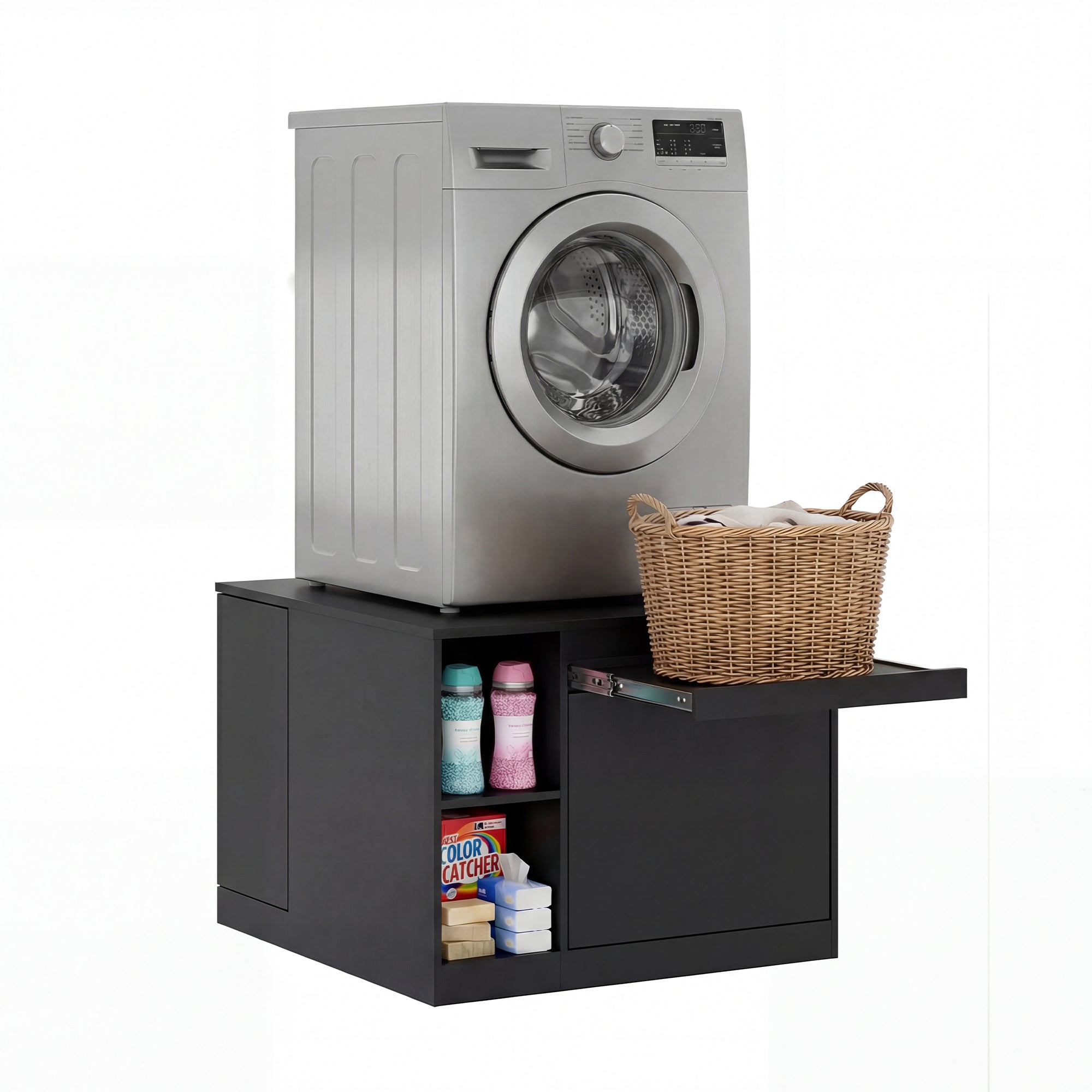 Washing machine on a black cabinet with a basket and laundry supplies on a white background