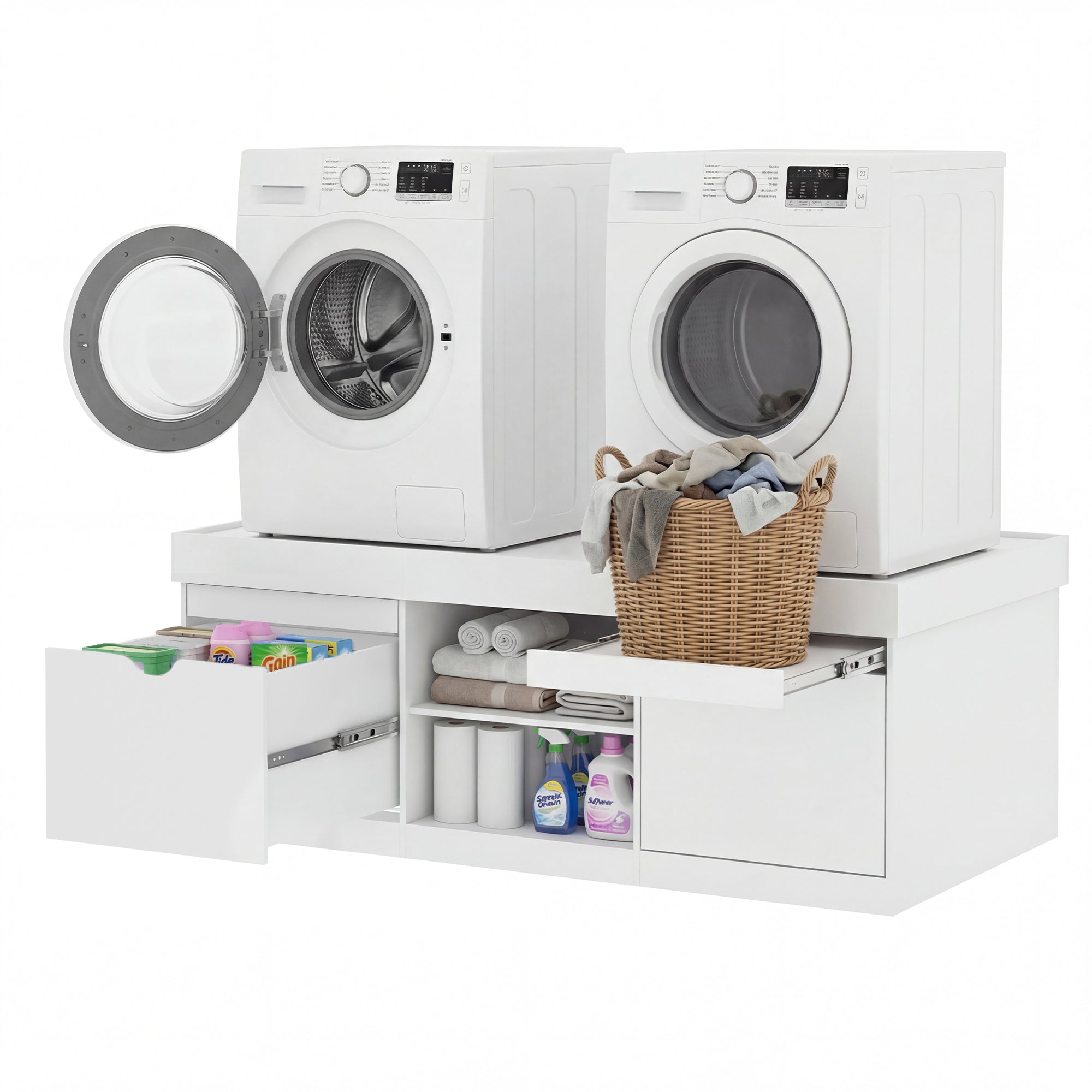 White laundry room setup with washer, dryer, and storage unit on a white background