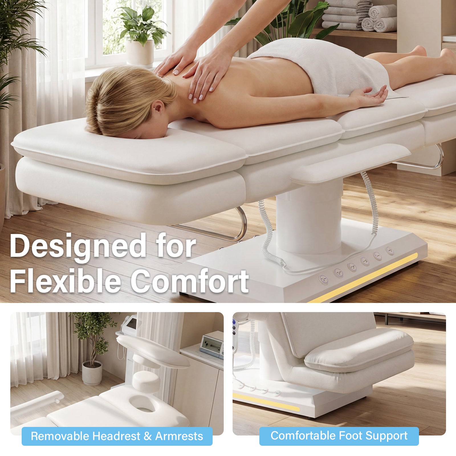 Person receiving a massage on a white massage table with text highlighting features.