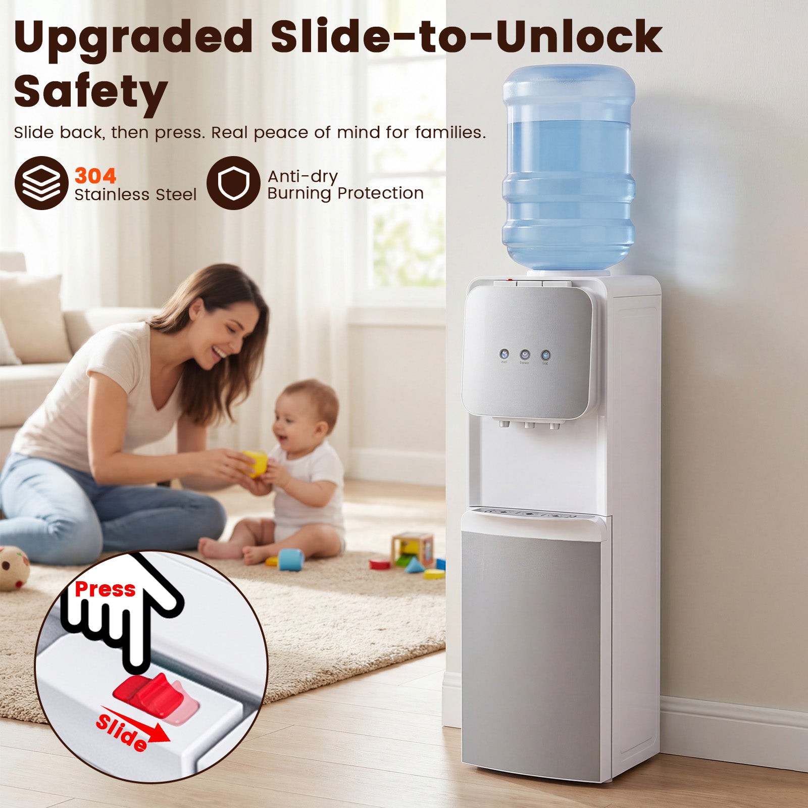 Woman and child playing with a water cooler in a home setting, emphasizing safety features.