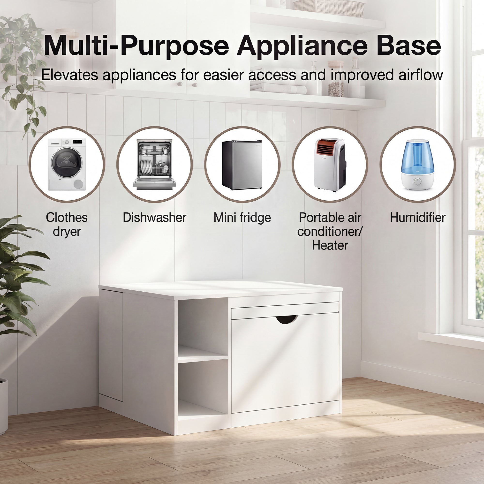 White multi-purpose appliance base with icons and text indicating its uses in a home setting.
