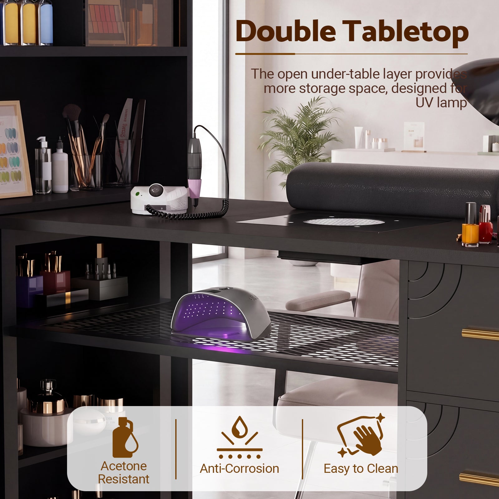 Advwin Nail Table w/ Double Tabletop & 3 Adjustable Shelves