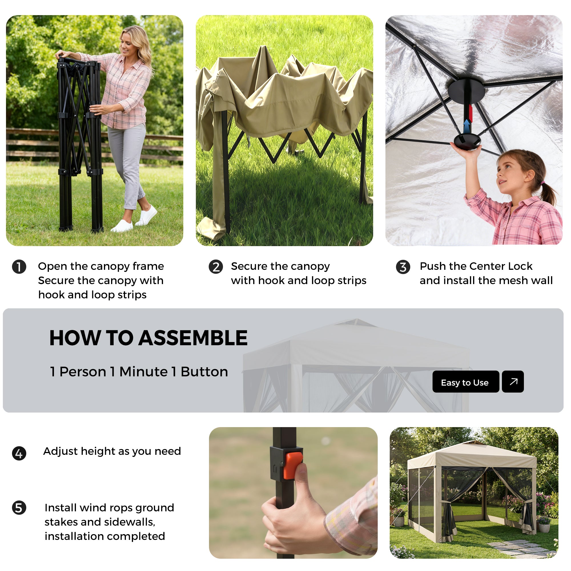Step-by-step guide on assembling a canopy with images of people using it outdoors.
