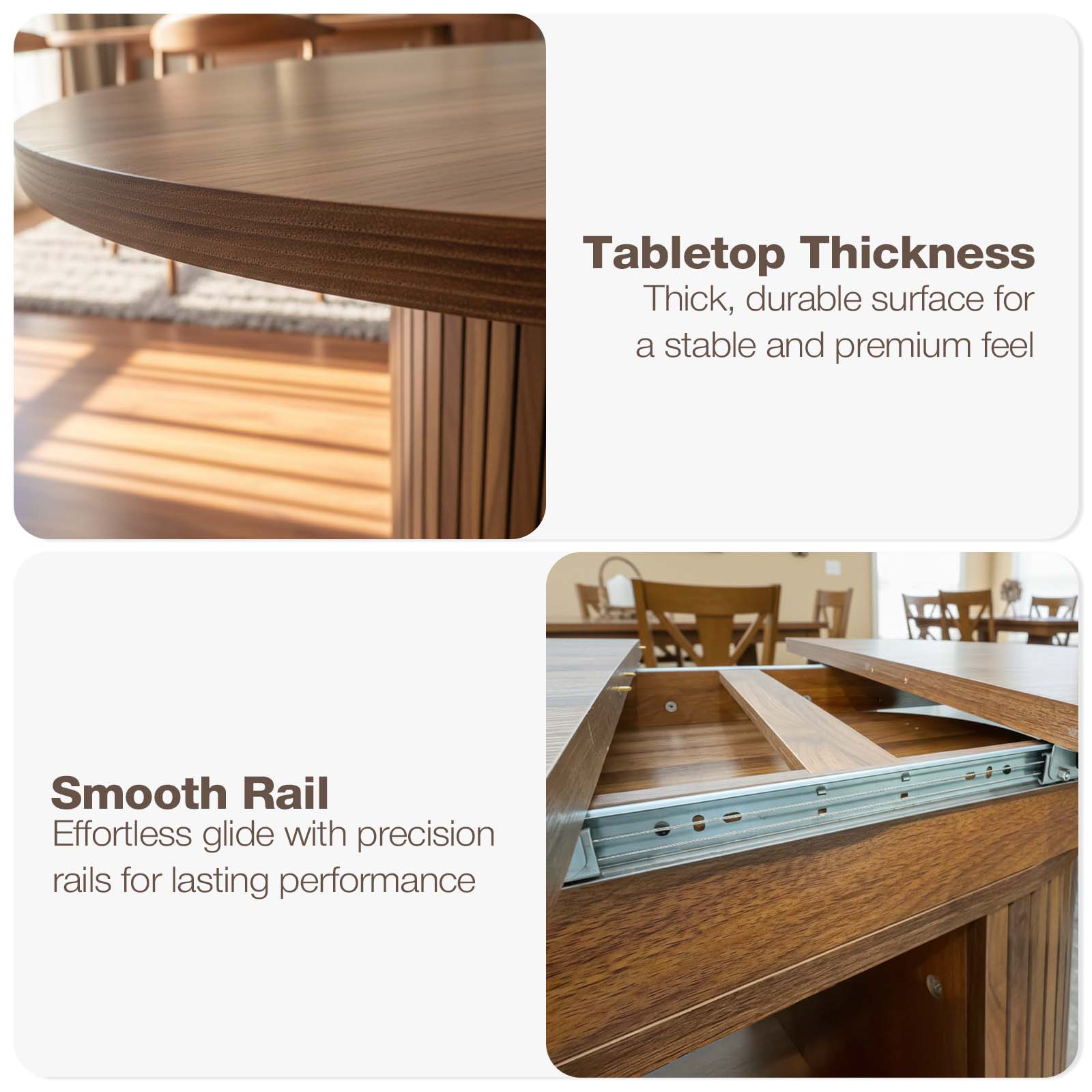 Wooden table with text highlighting tabletop thickness and smooth rail features.