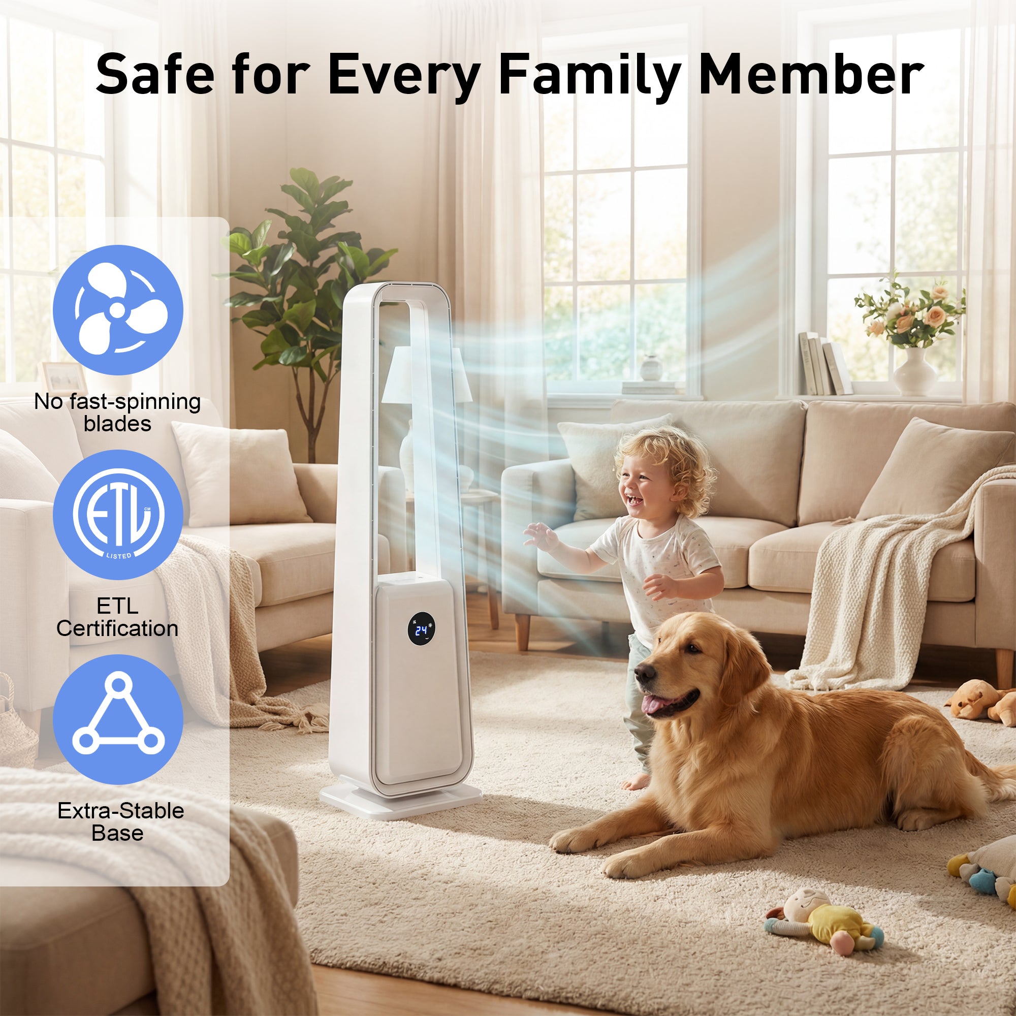 Air purifier in a living room with a child and dog, highlighting safety features.