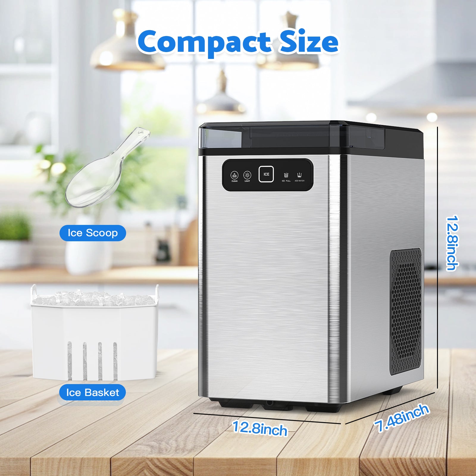 Compact ice maker on a kitchen counter with measurements and labeled parts.
