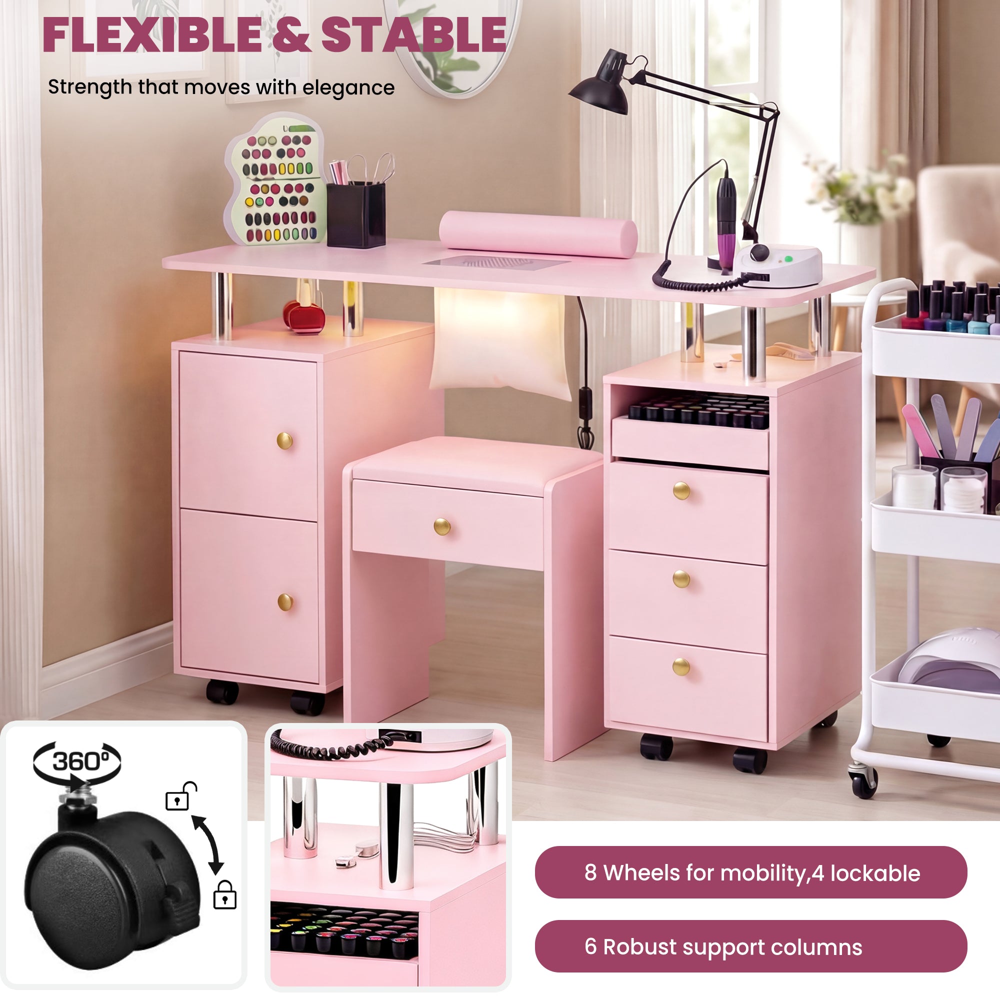 Advwin Nail Desk & Storage Stool Set for Nail Tech