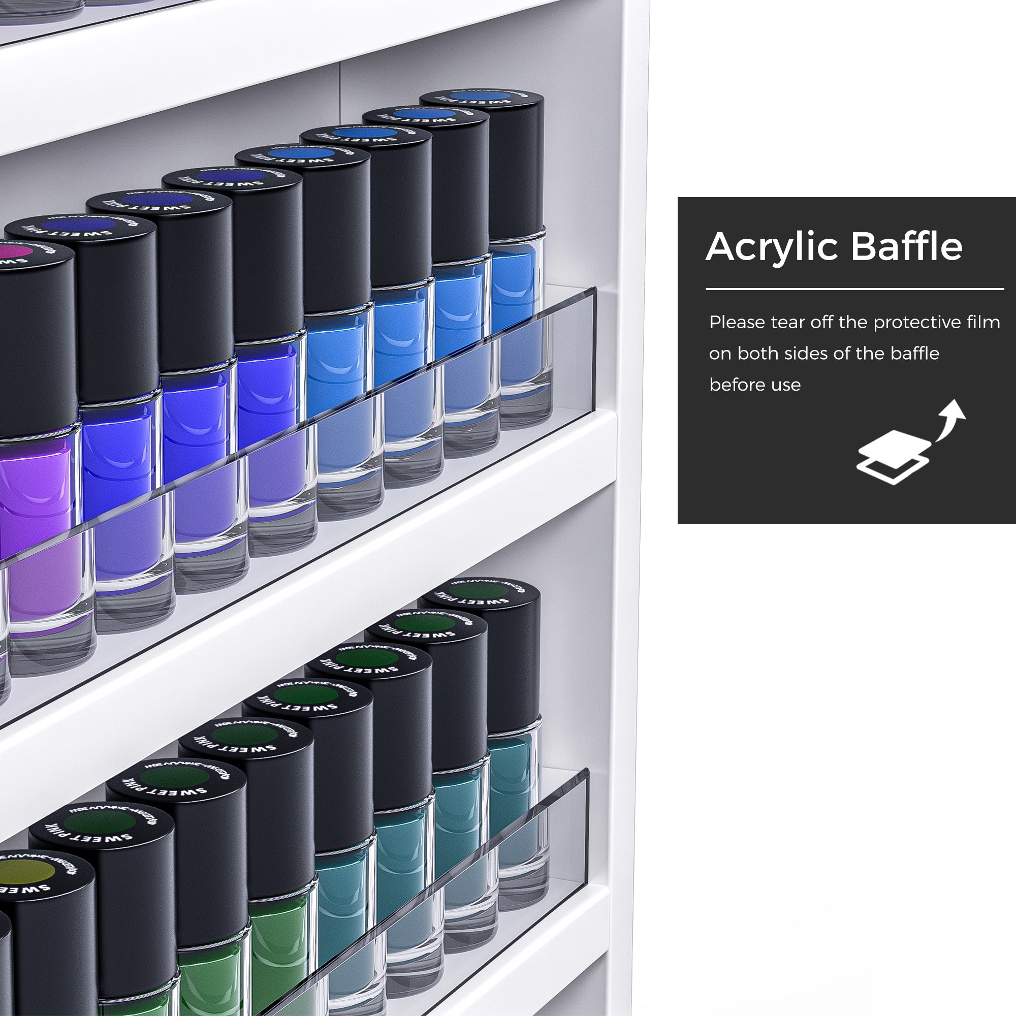 Row of nail polish bottles with a focus on the acrylic baffle feature.
