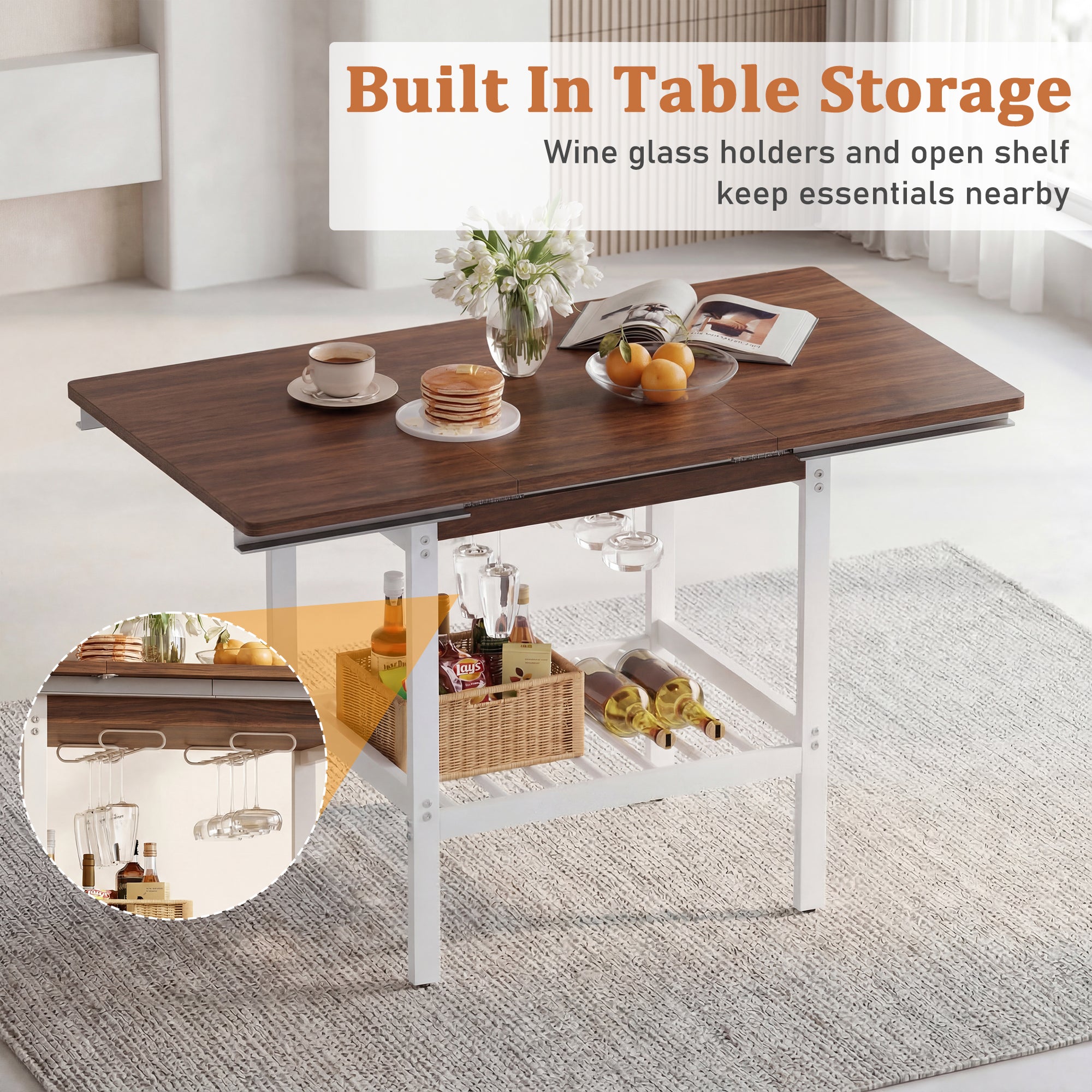 Wooden table with storage compartments in a living room setting