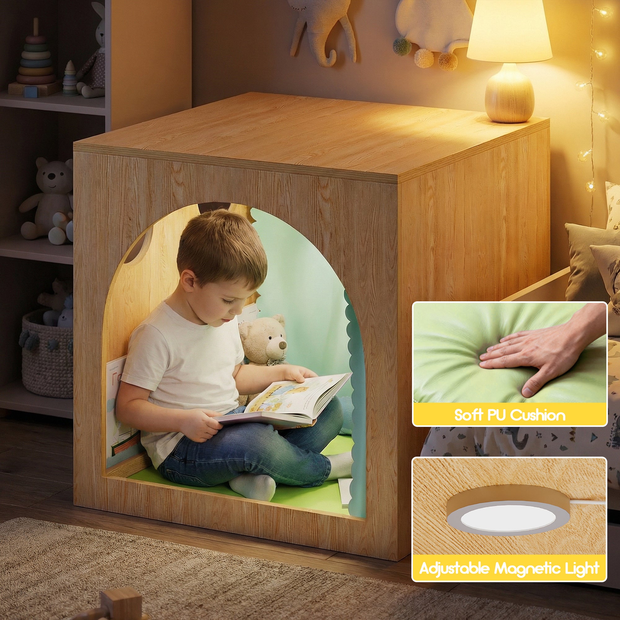 Child reading a book in a wooden reading nook with soft cushion and adjustable magnetic light.