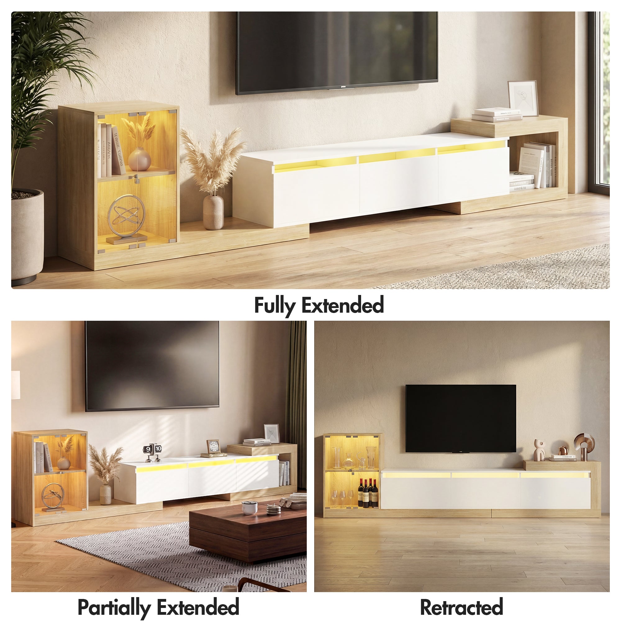 TV stand with storage compartments shown in fully extended, partially extended, and retracted states.