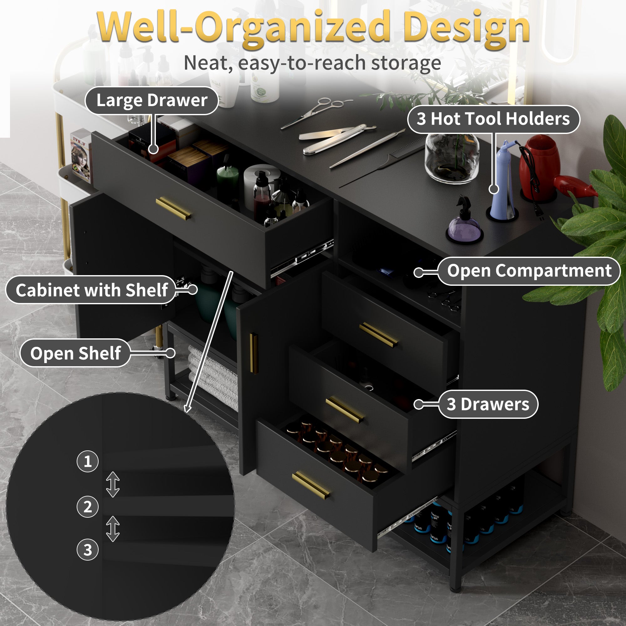 Black storage cabinet with labeled compartments on a gray floor.