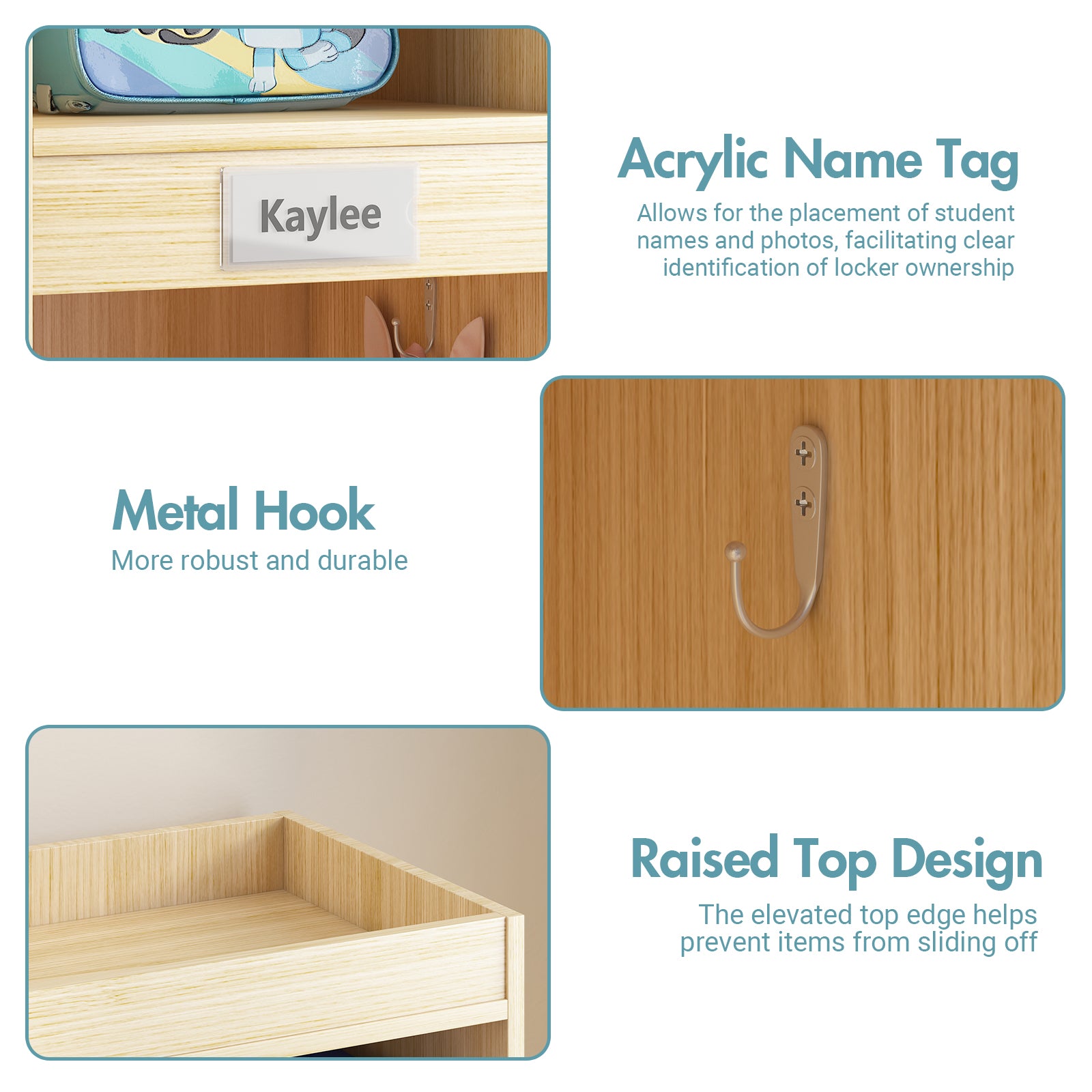 Wooden locker with acrylic name tag, metal hook, and raised top design features.