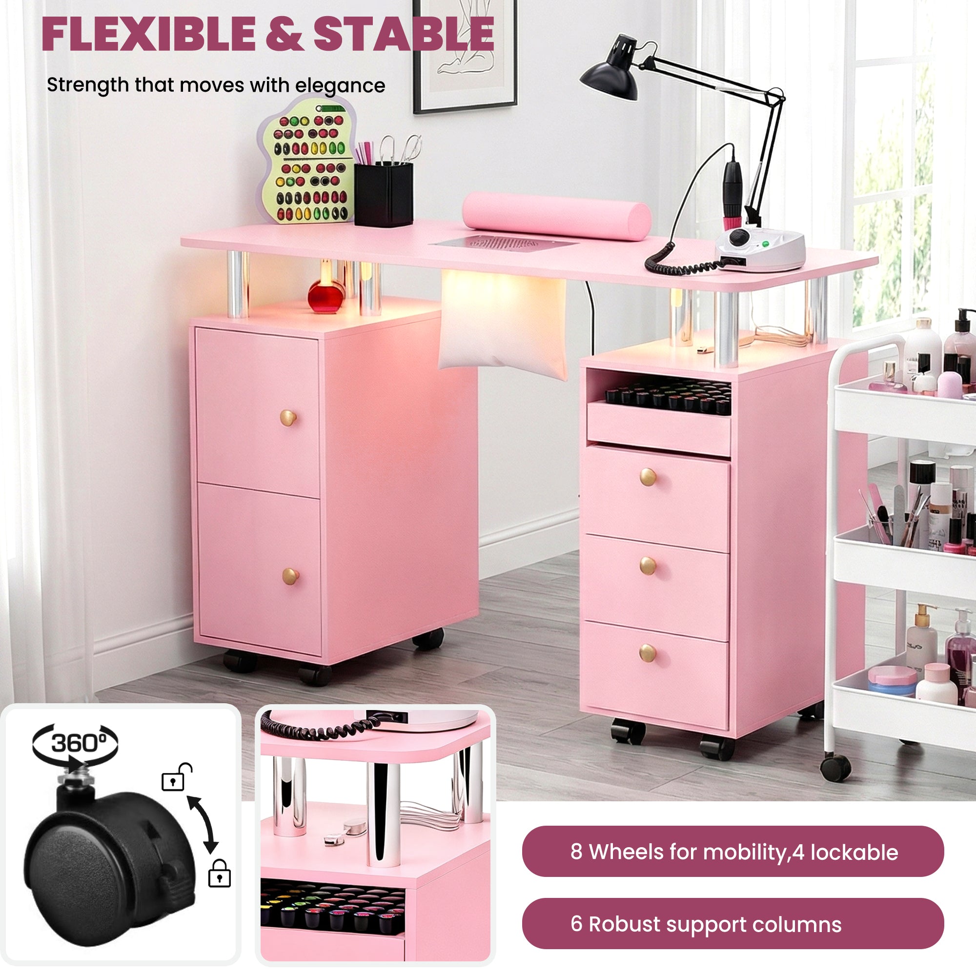 Advwin Nail Table w/ Dust Collector & Lockable Wheels Pink