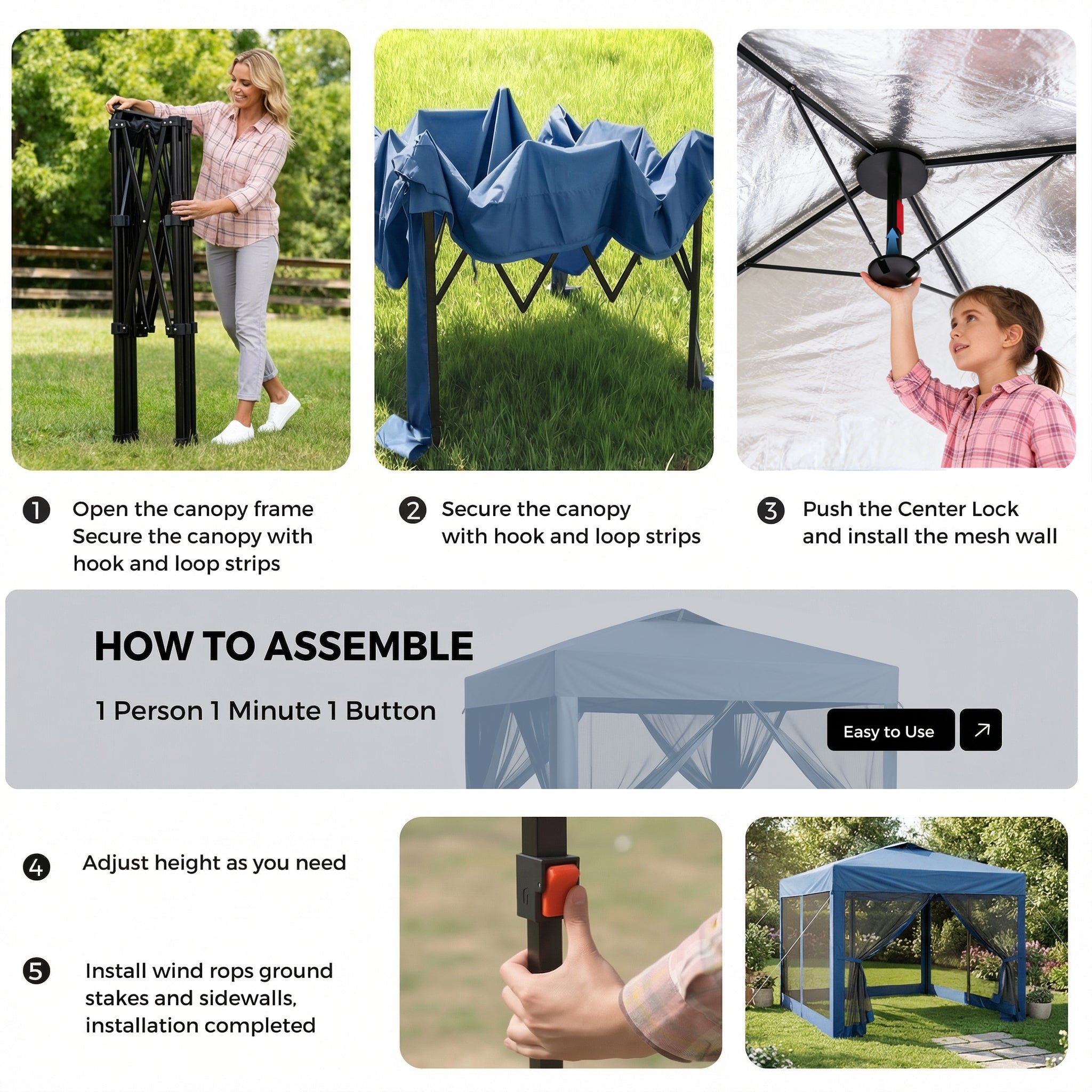 Step-by-step guide on assembling a canopy with images of assembly process and final product.