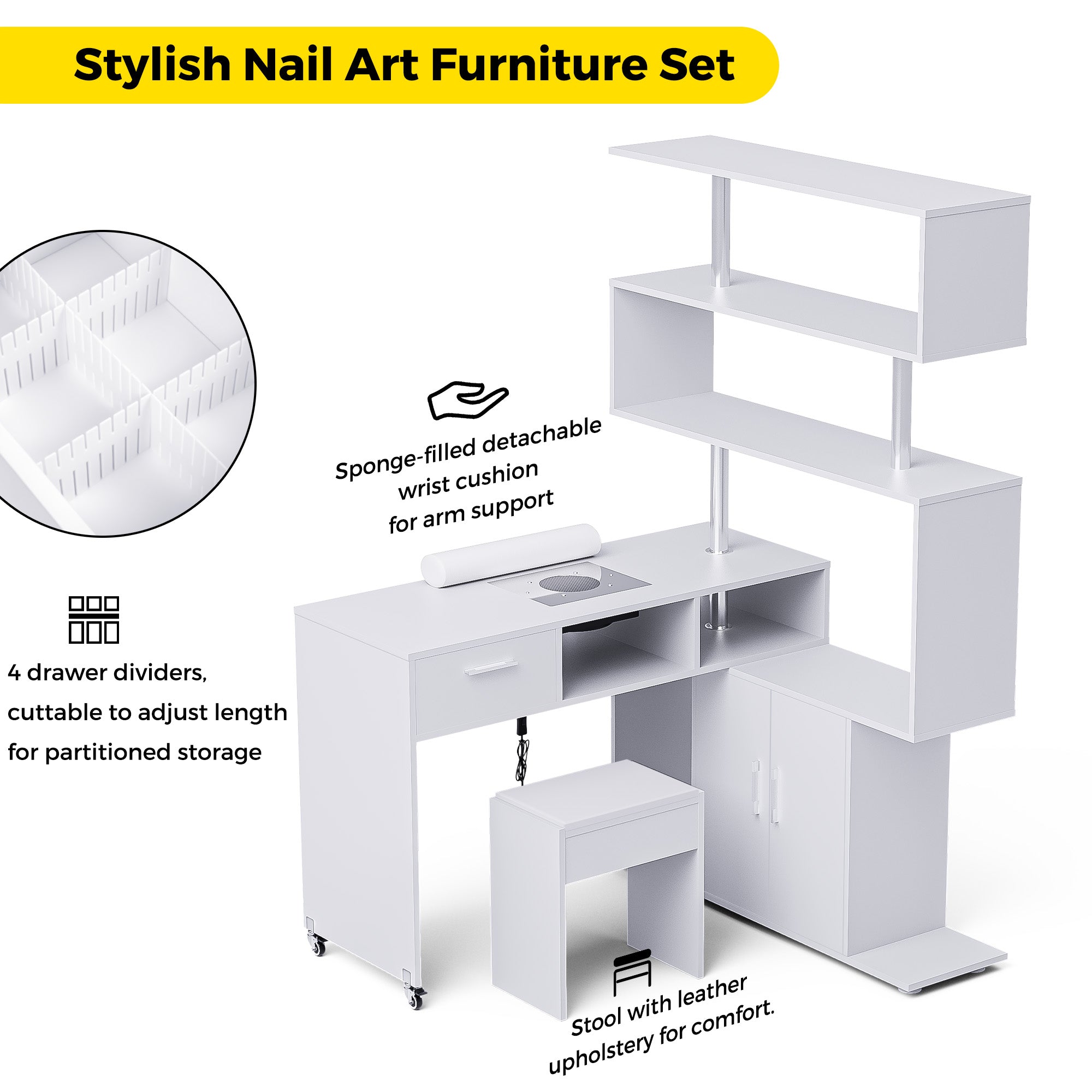 Advwin Rotating Manicure Table Nail Desk with Stool L-Shaped Nail