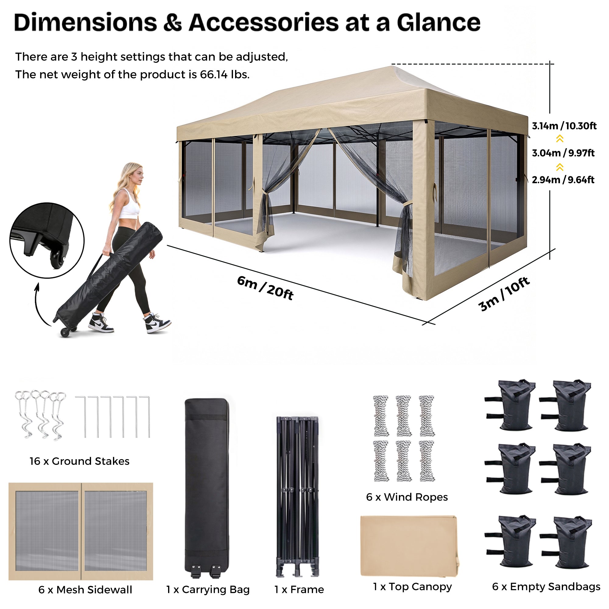 Gazebo dimensions and accessories with measurements and product list.
