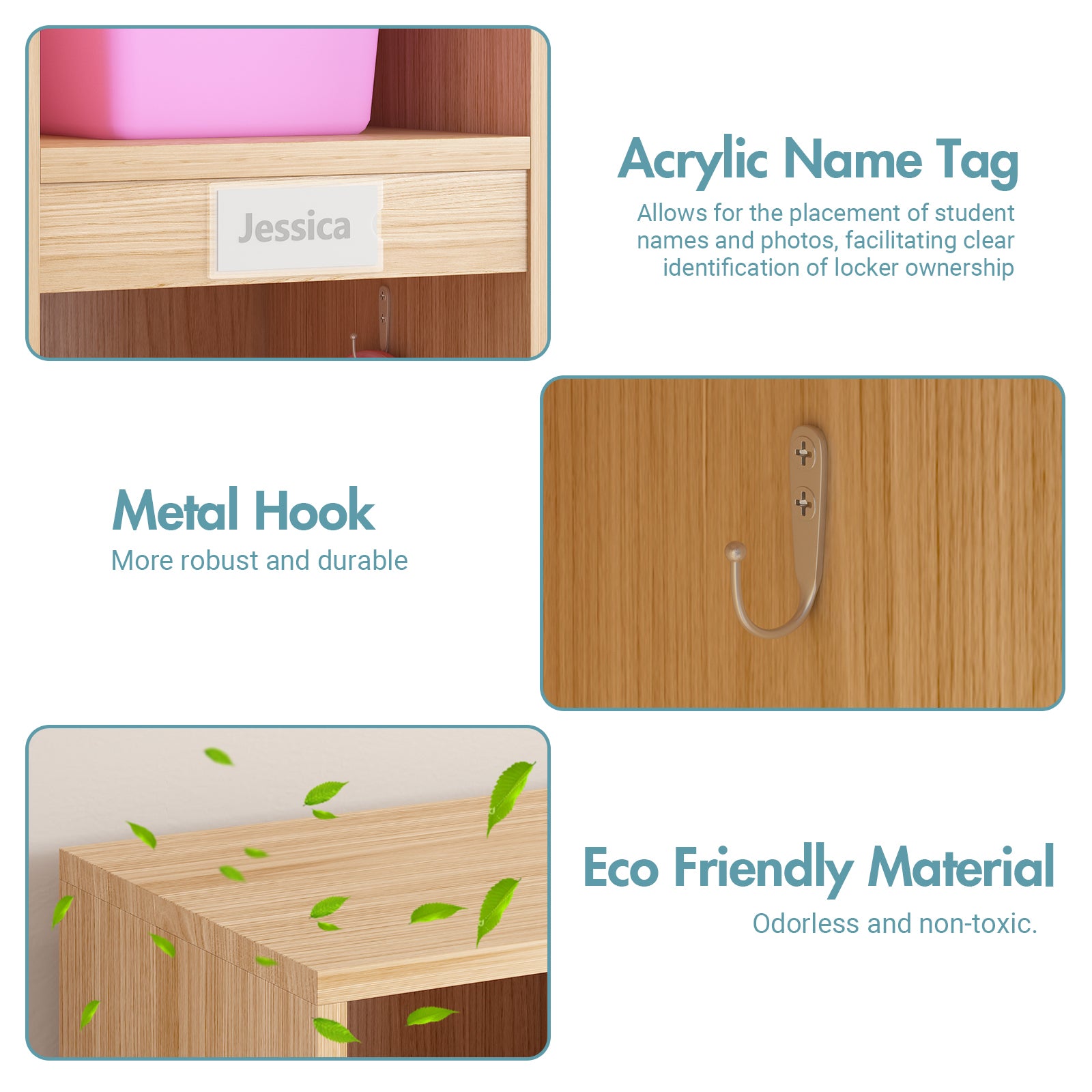 Wooden locker with acrylic name tag, metal hook, and eco-friendly material features.