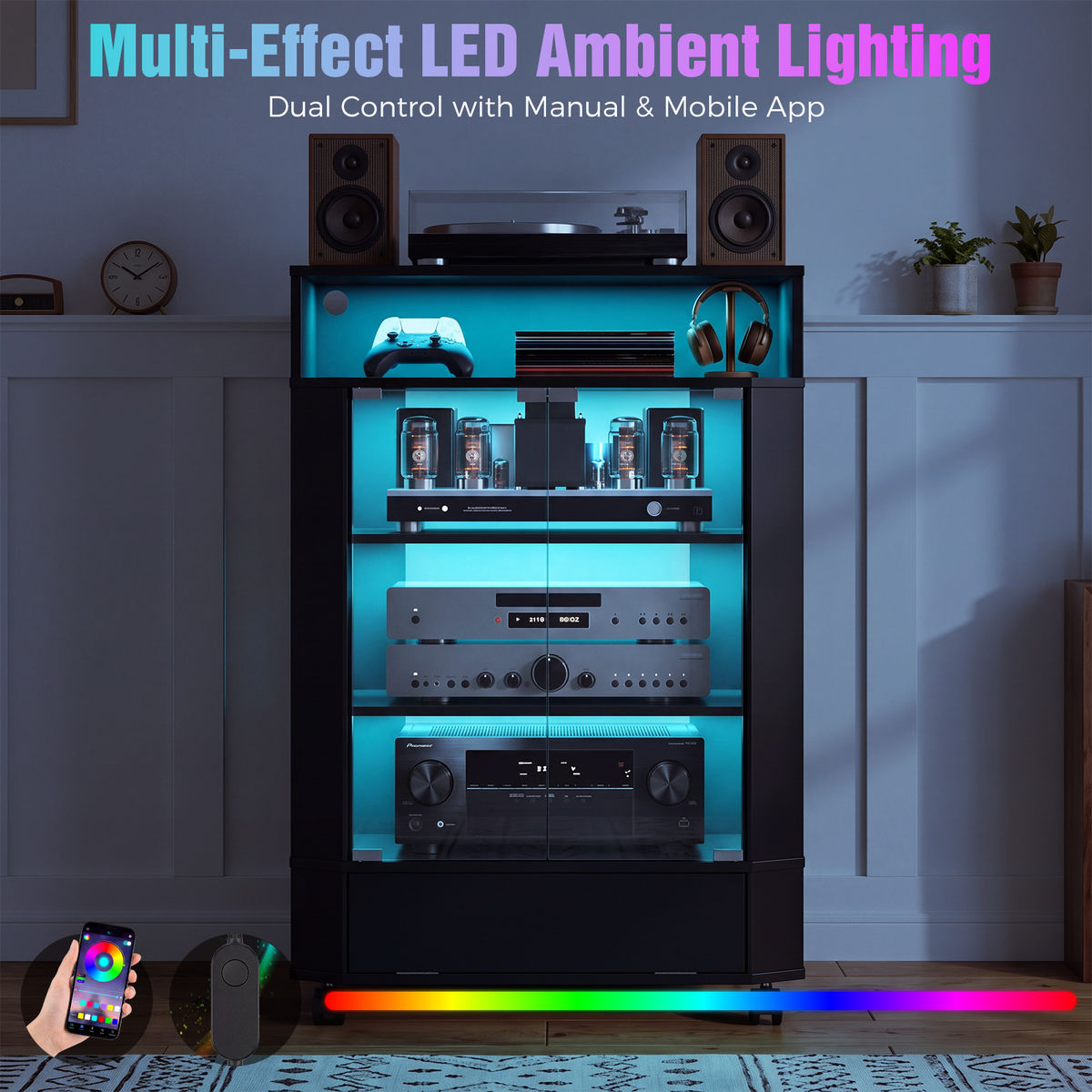 Advwin 6-Tier Media Cabinet with Tempered Glass Door