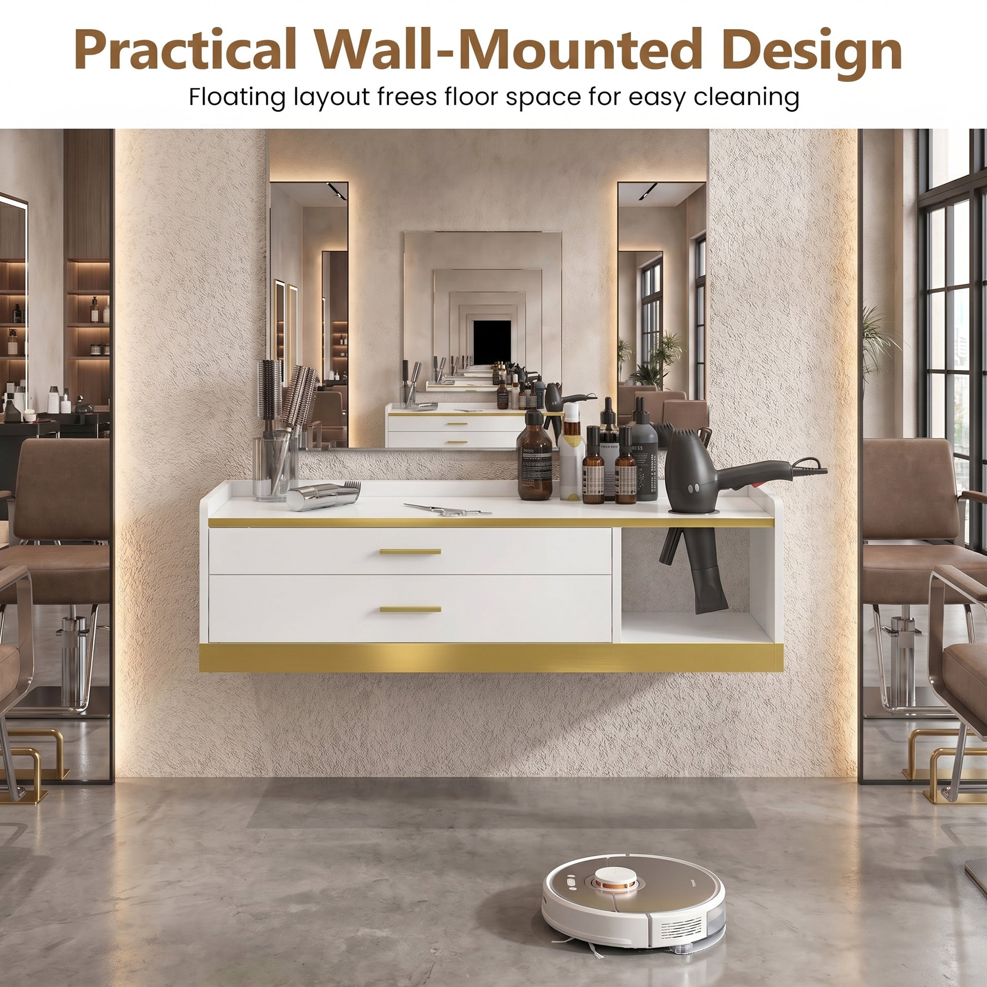Advwin Wall Mount Barber Desk w/ Gold Accent