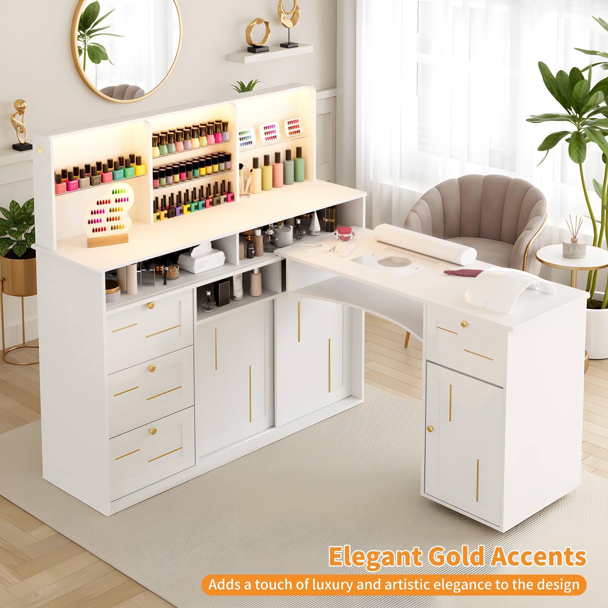 White nail salon desk with gold accents in a room setting