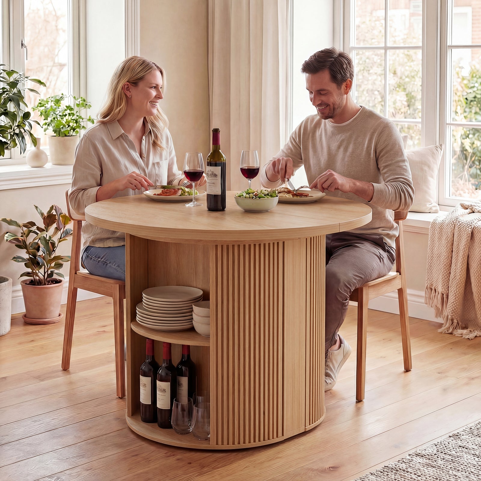 Couple dining together at a round wooden table with storage shelves in a bright room.