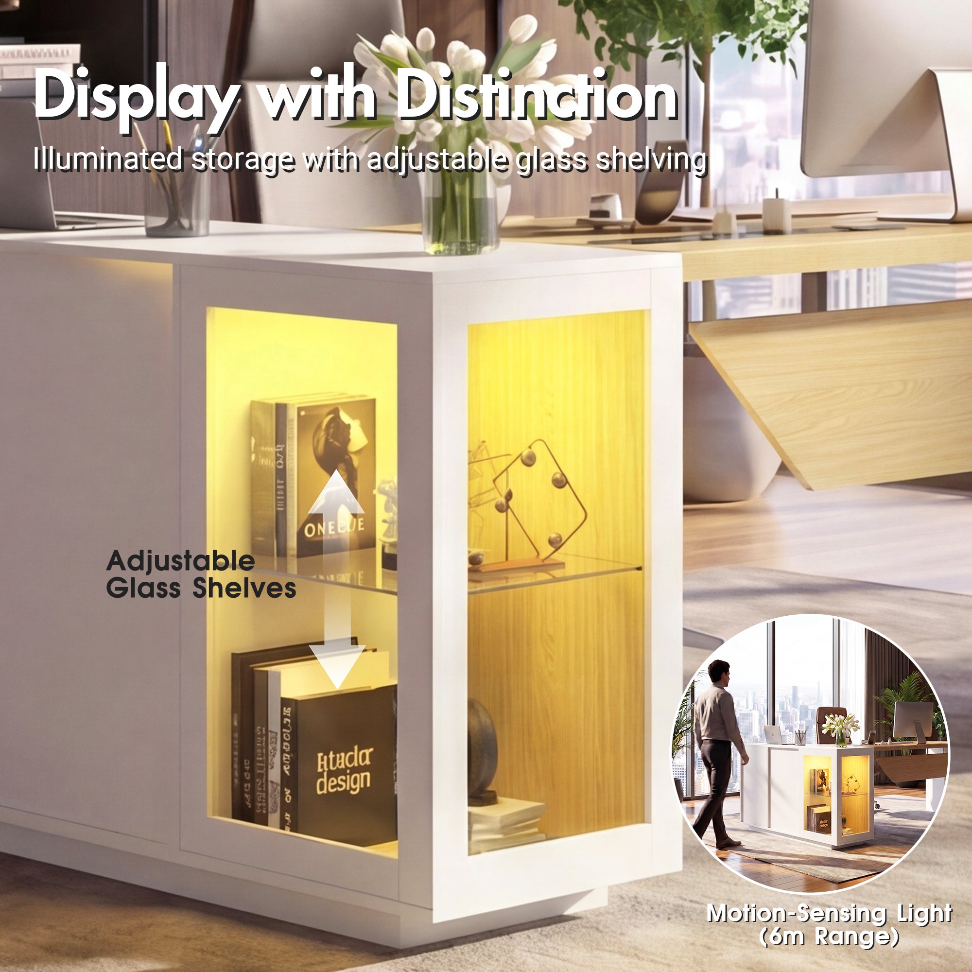Advwin L-Shaped Executive Desk w/ Glass Display Cabinet