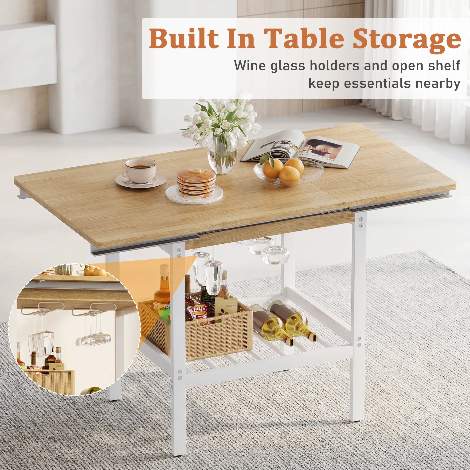 Wooden table with built-in storage shelves in a living room setting.