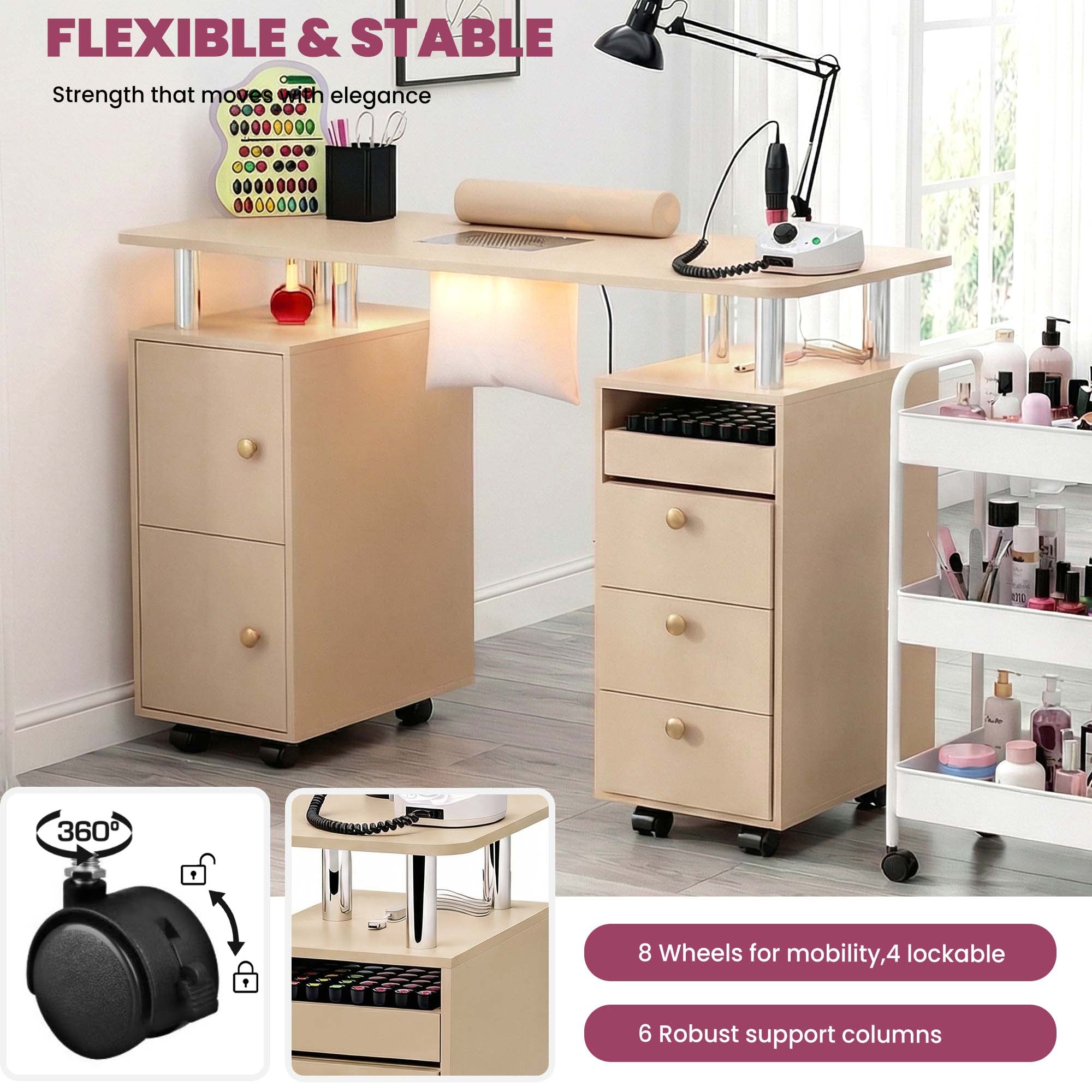 Advwin Nail Table w/ Dust Collector & Lockable Wheels Gold