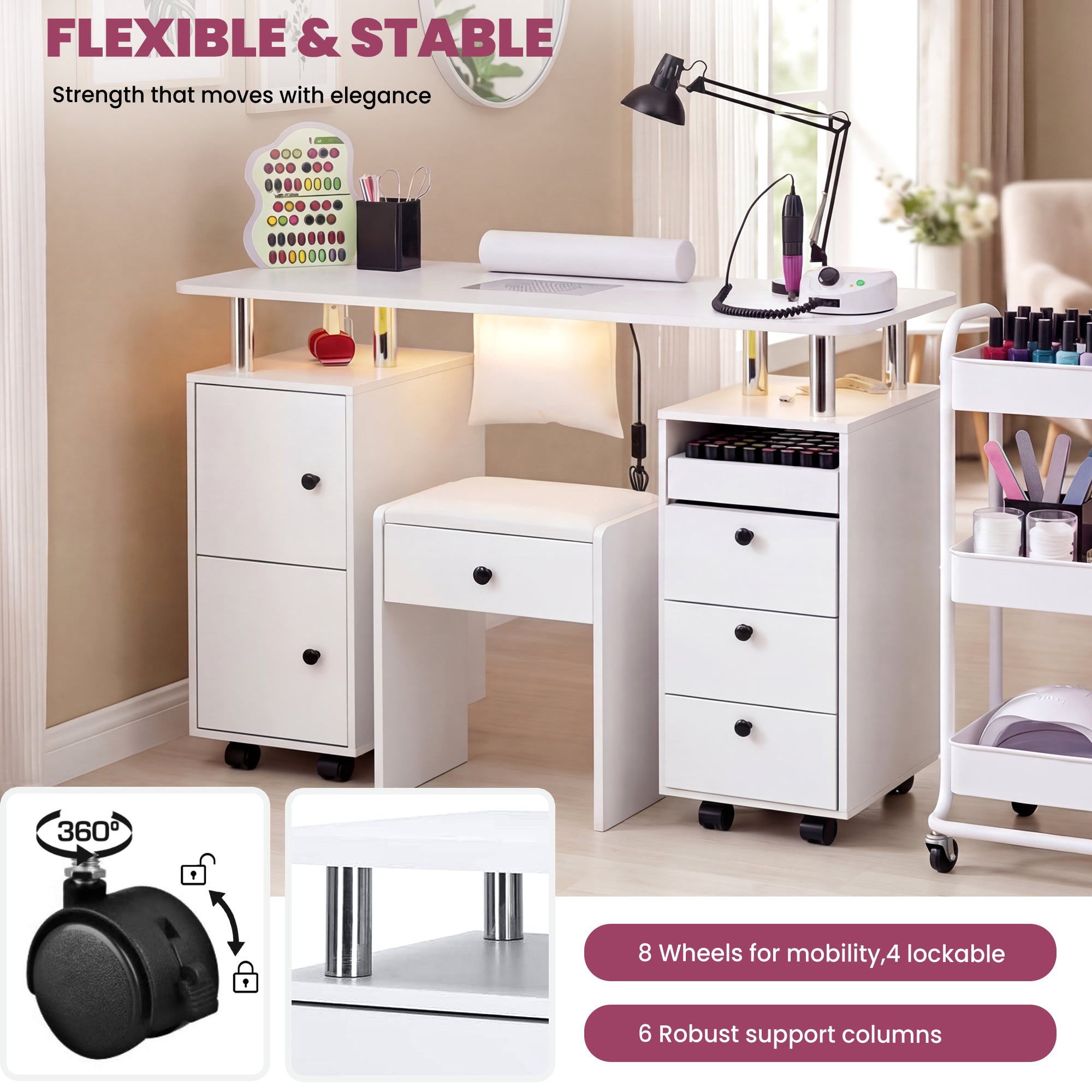 Advwin Nail Desk & Storage Stool Set for Nail Tech