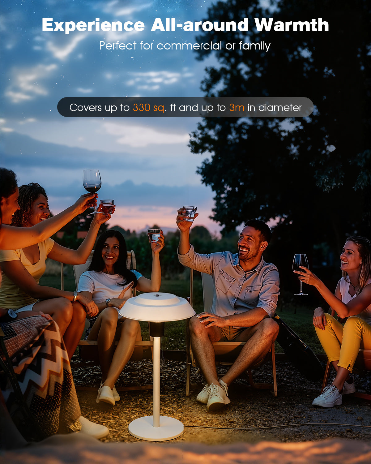 People enjoying a gathering around a portable table with text about its size and warmth capabilities.