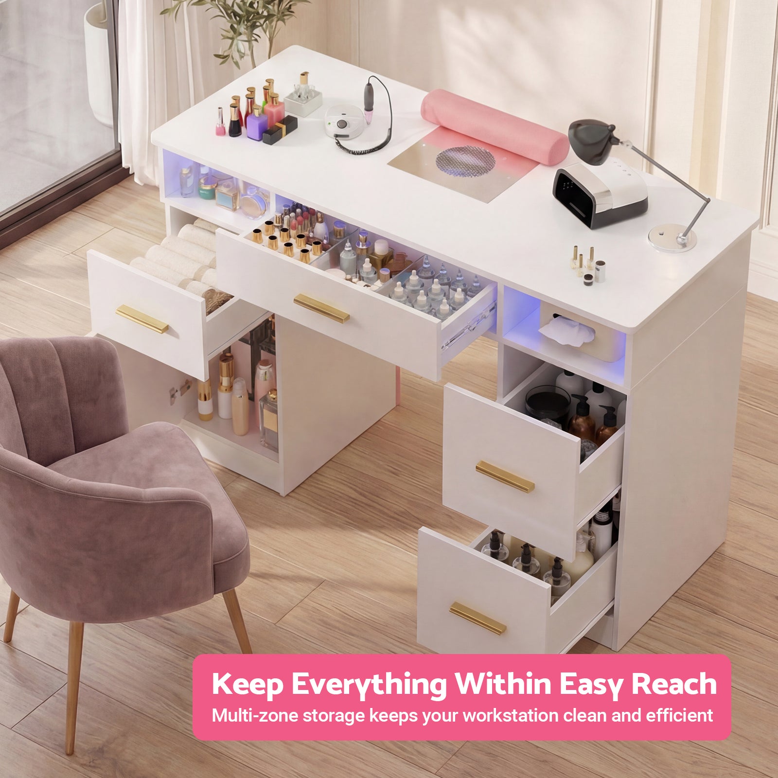 White makeup vanity with multiple drawers and a chair in a room setting.