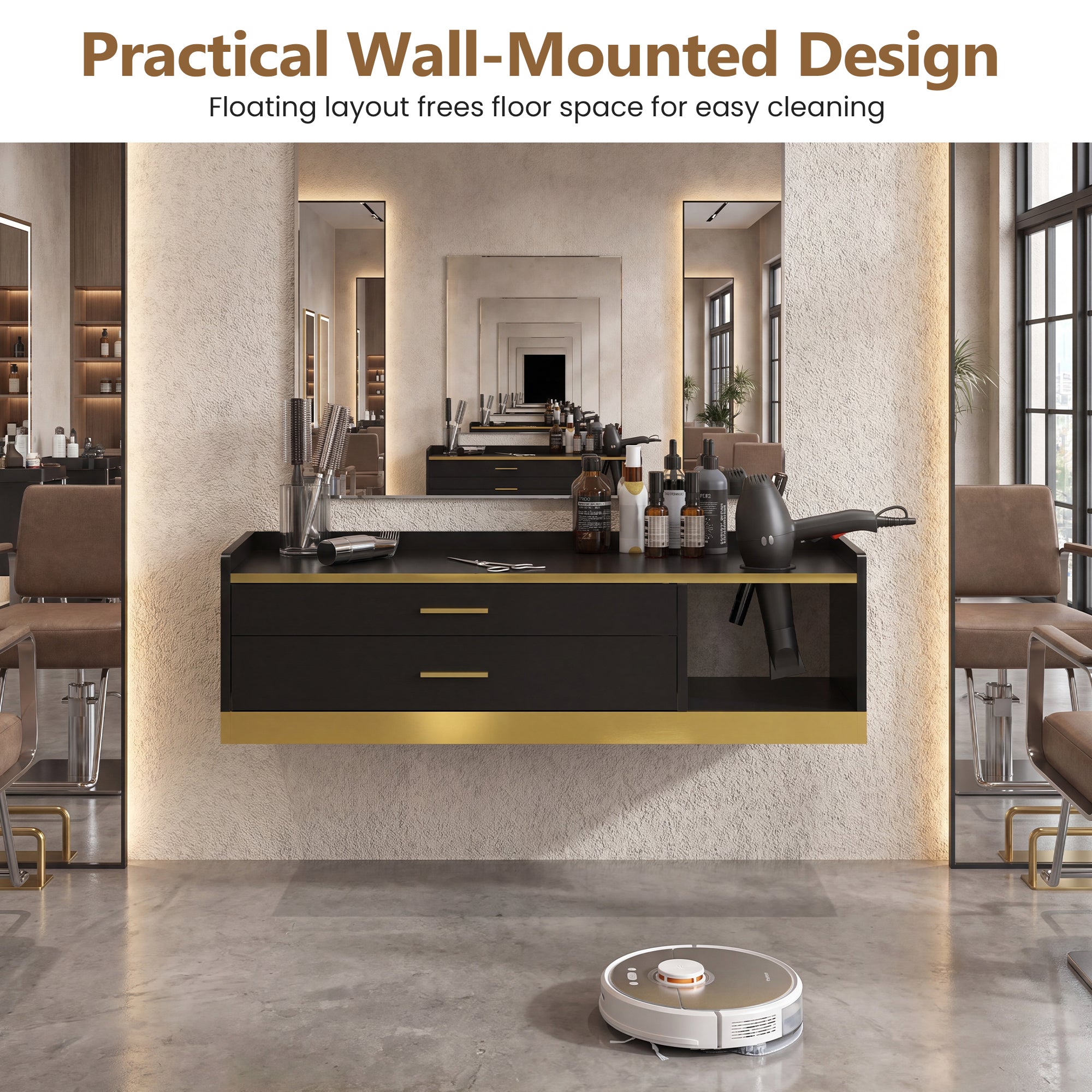 Advwin Wall Mount Barber Desk w/ Gold Accent