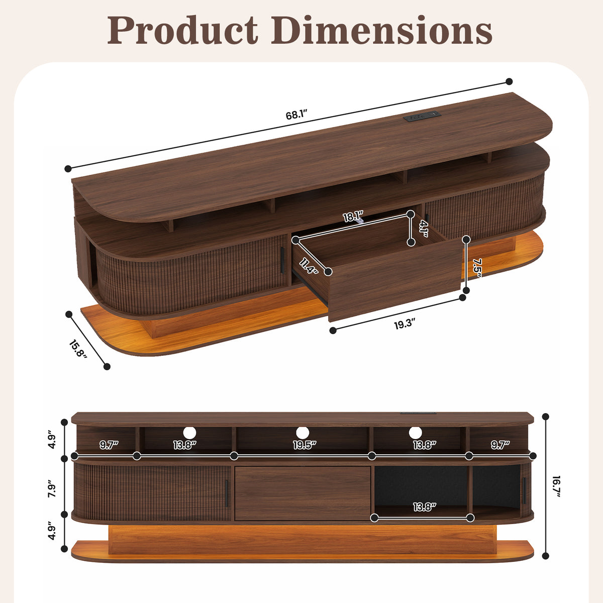 Advwin 68” Fluted Mid Century Modern TV Stand