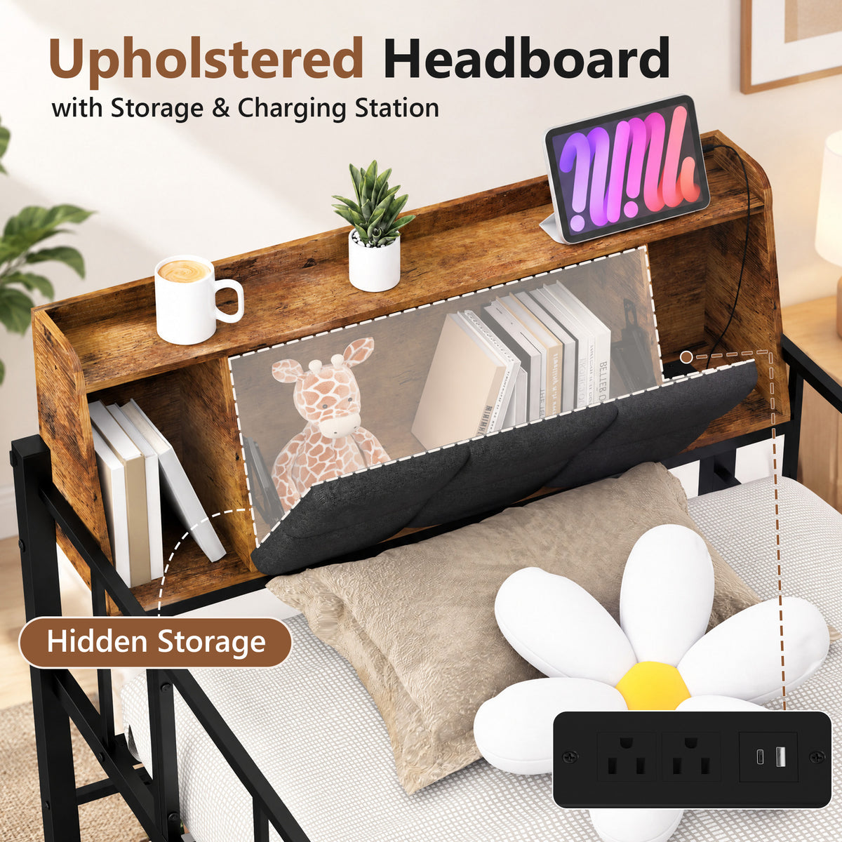 Advwin Loft Bed with Storage Headboard & Power Outlets