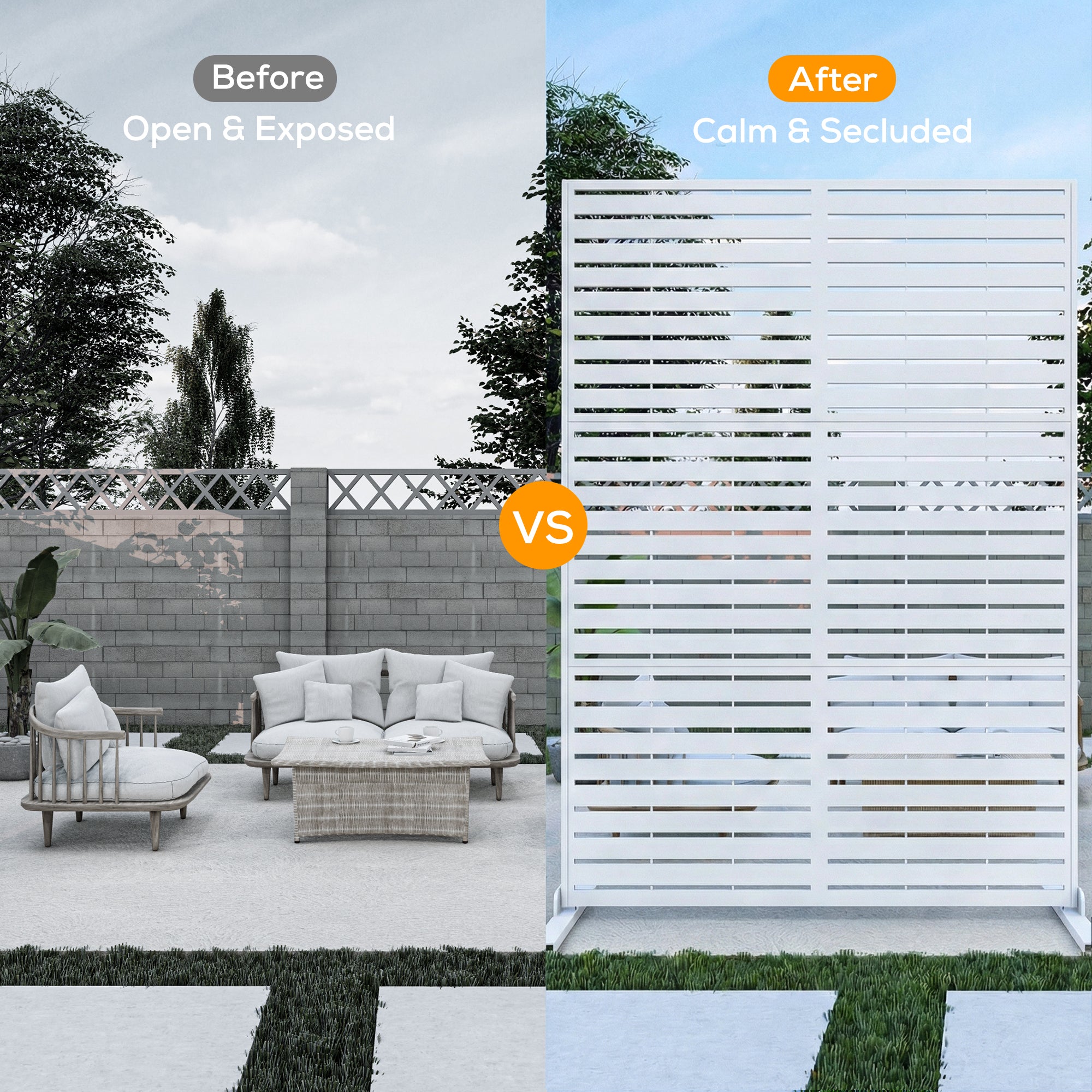 Before and after comparison of a garden setup with and without a white privacy screen.