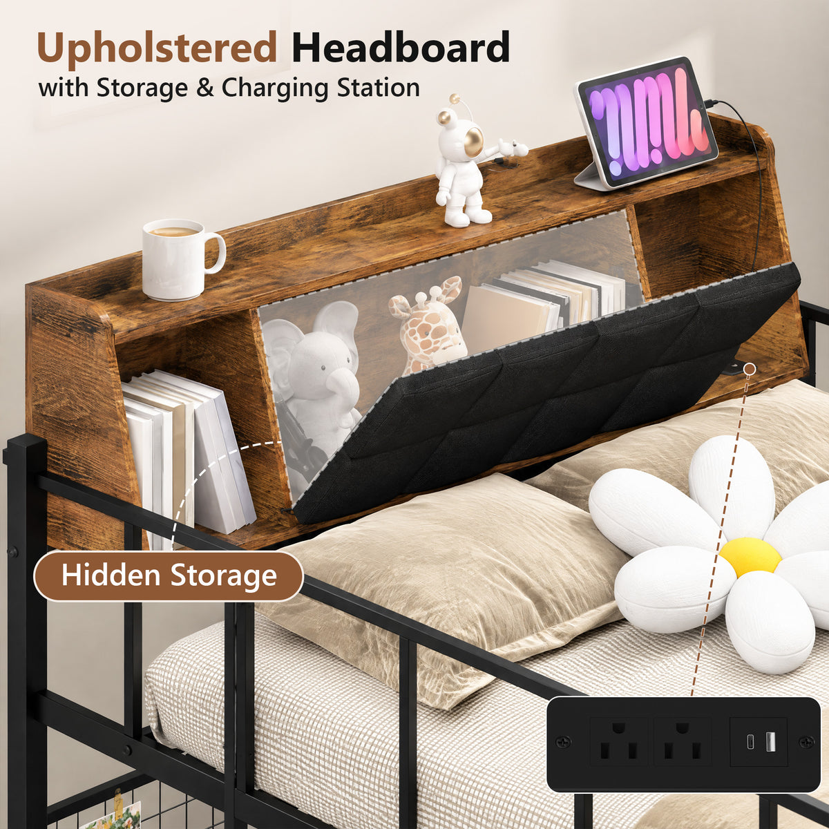 Advwin Loft Bed with Storage Headboard & Power Outlets