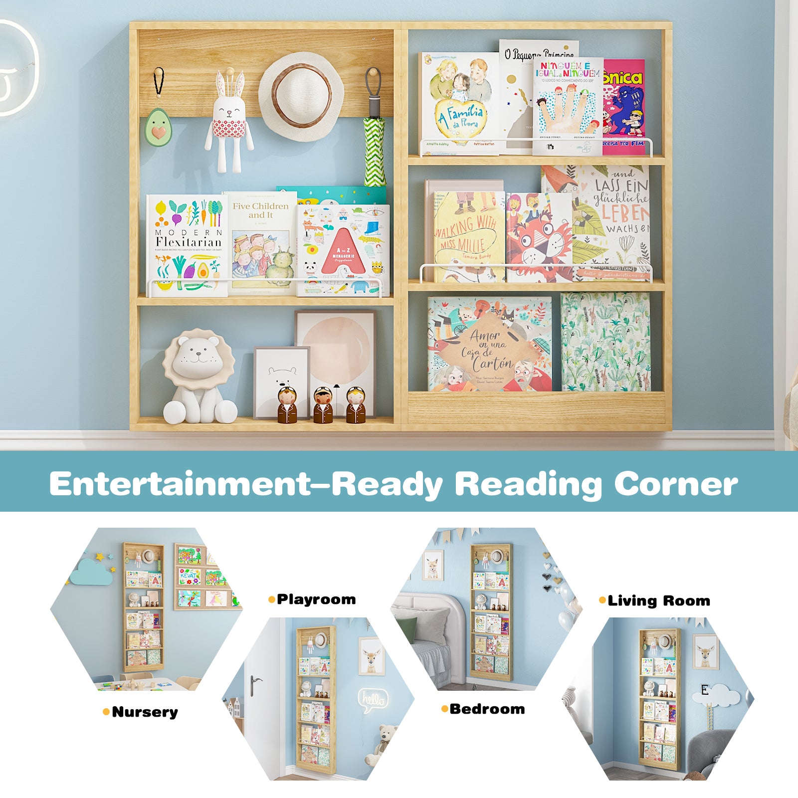 Advwin Wall Mounted Kids Bookshelf Adjustable Shelves