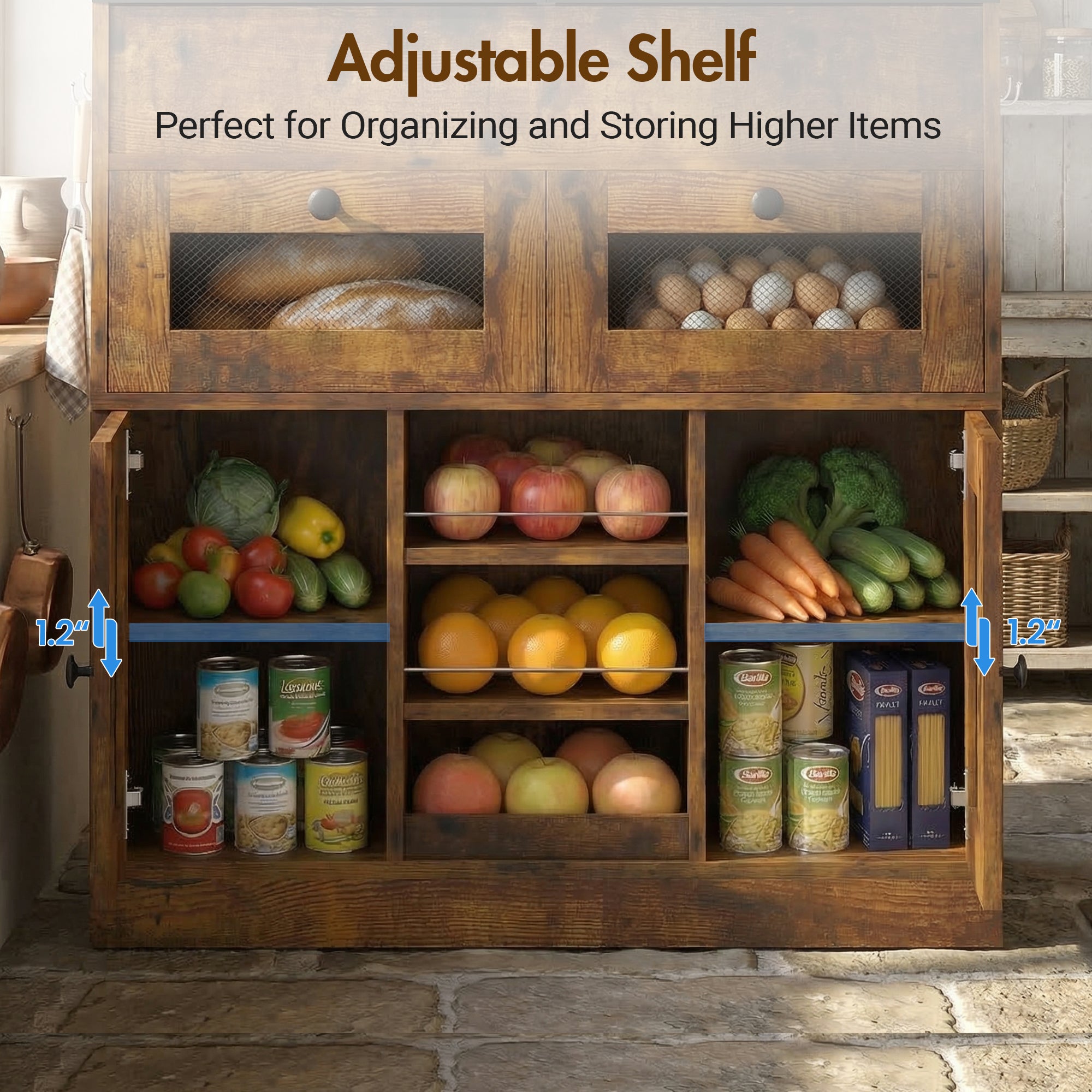 Wooden adjustable shelf with food items in a kitchen setting