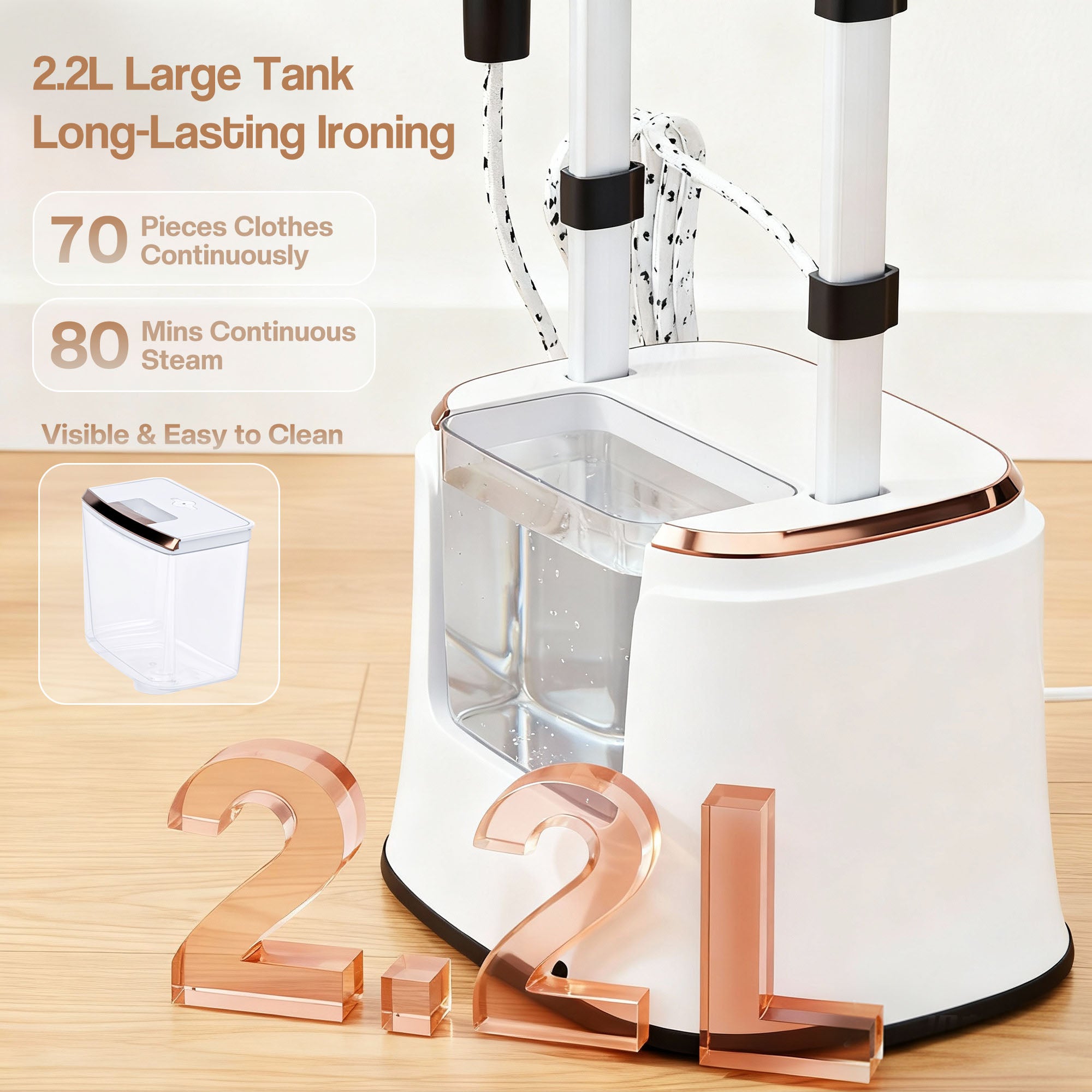 White handheld iron with large tank capacity on a wooden surface