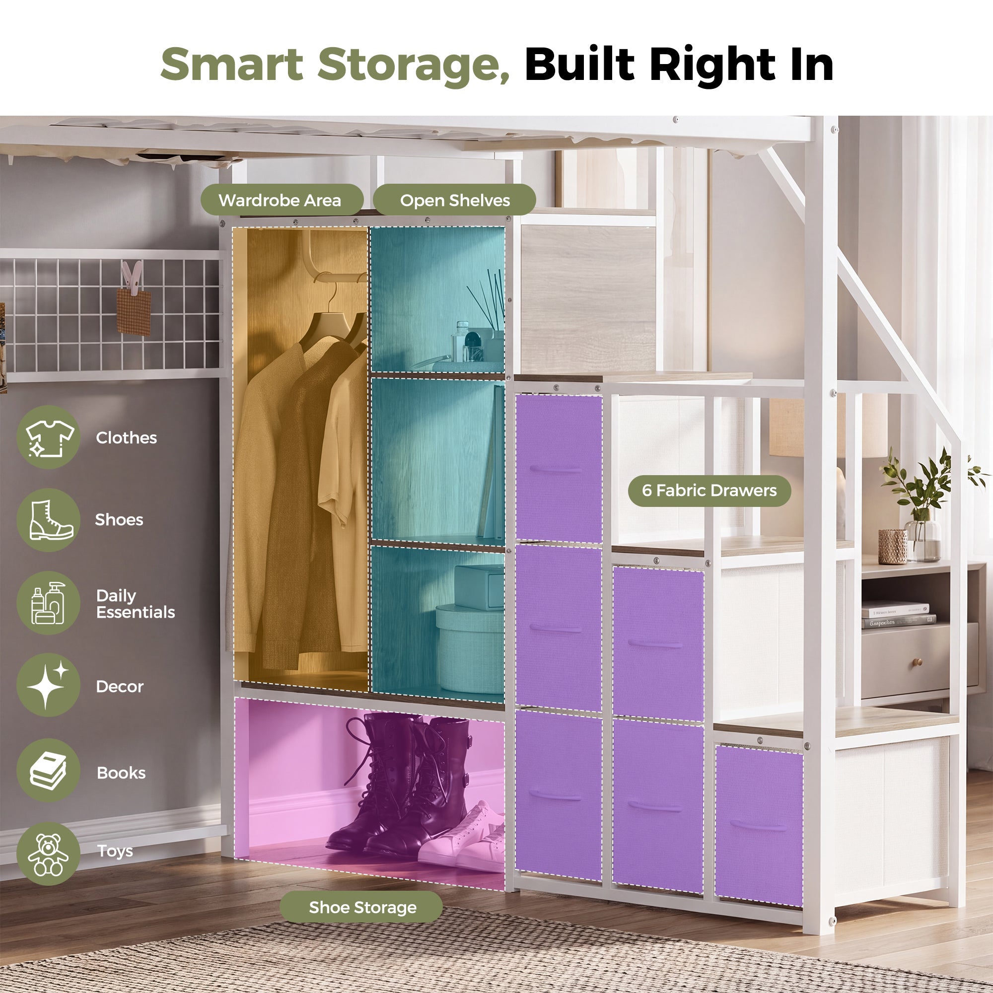 Advwin Loft Bed w/ Stairs, Storage and LED Light