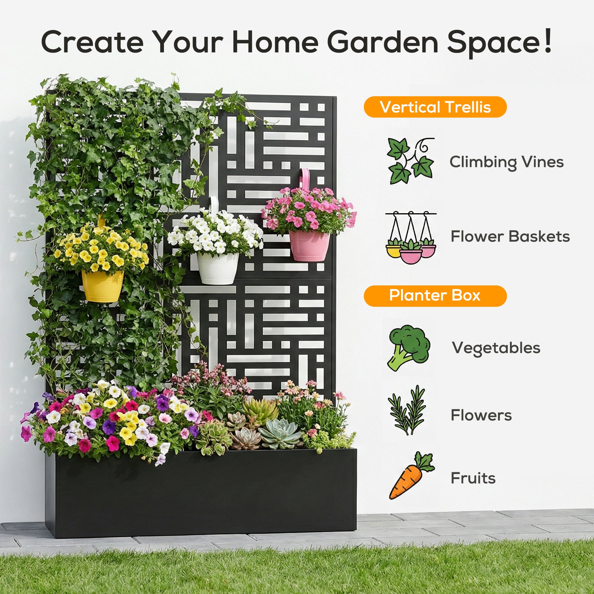 Garden space with vertical trellis, planter box, and various plants on a white background.