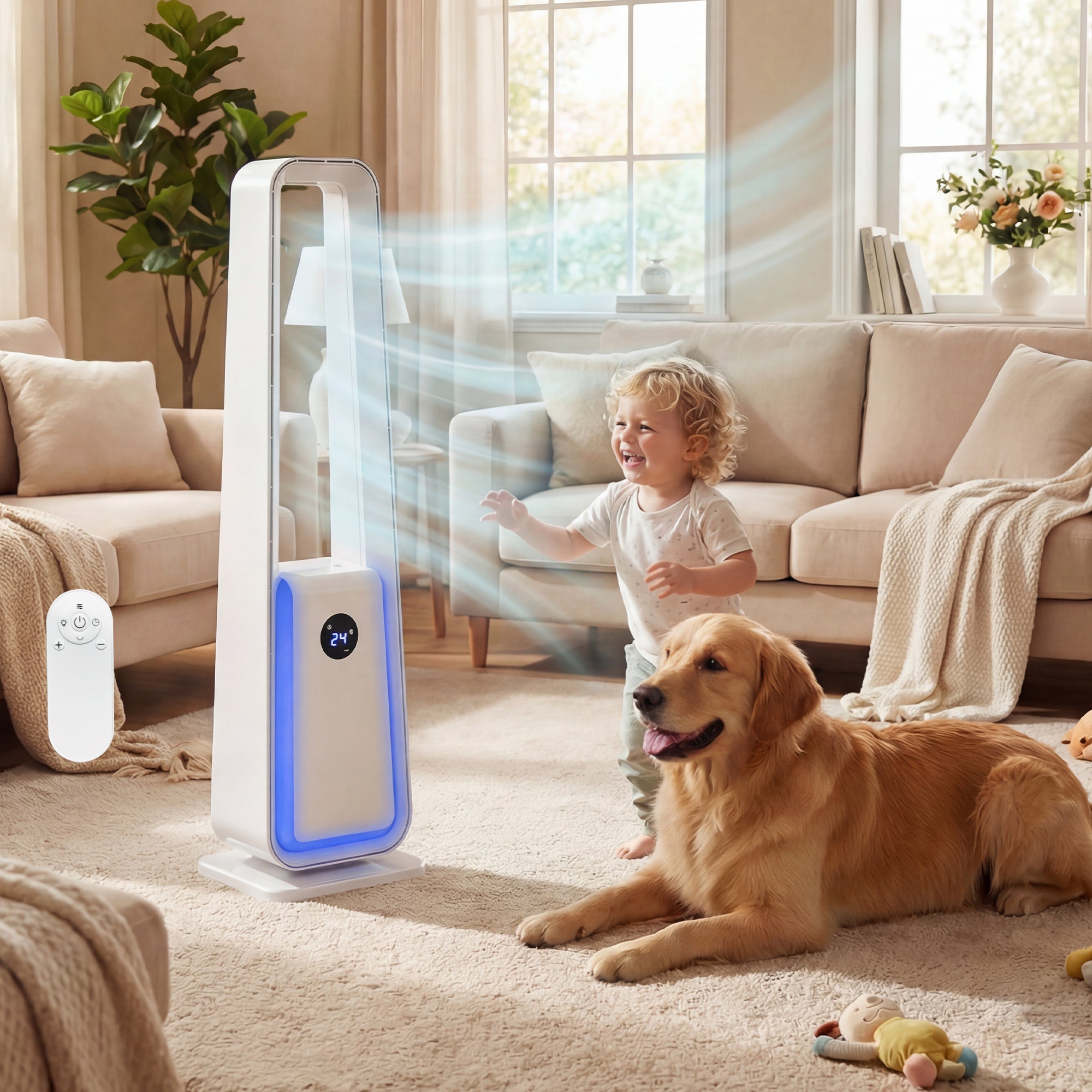 Air purifier in a living room with a child and dog, emitting mist.