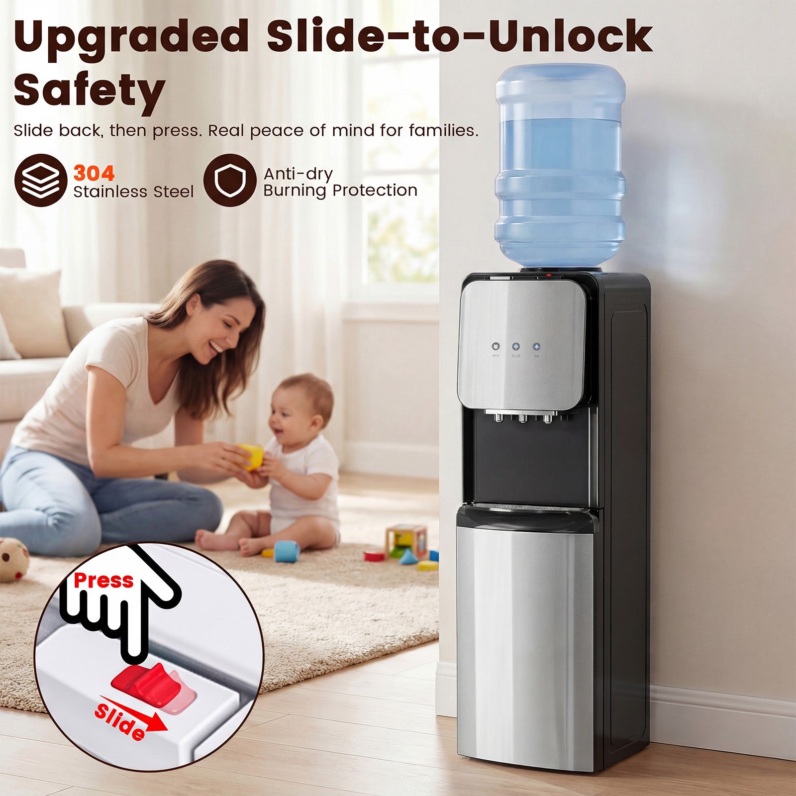 Woman and child playing with a water cooler in a home setting, emphasizing safety features.