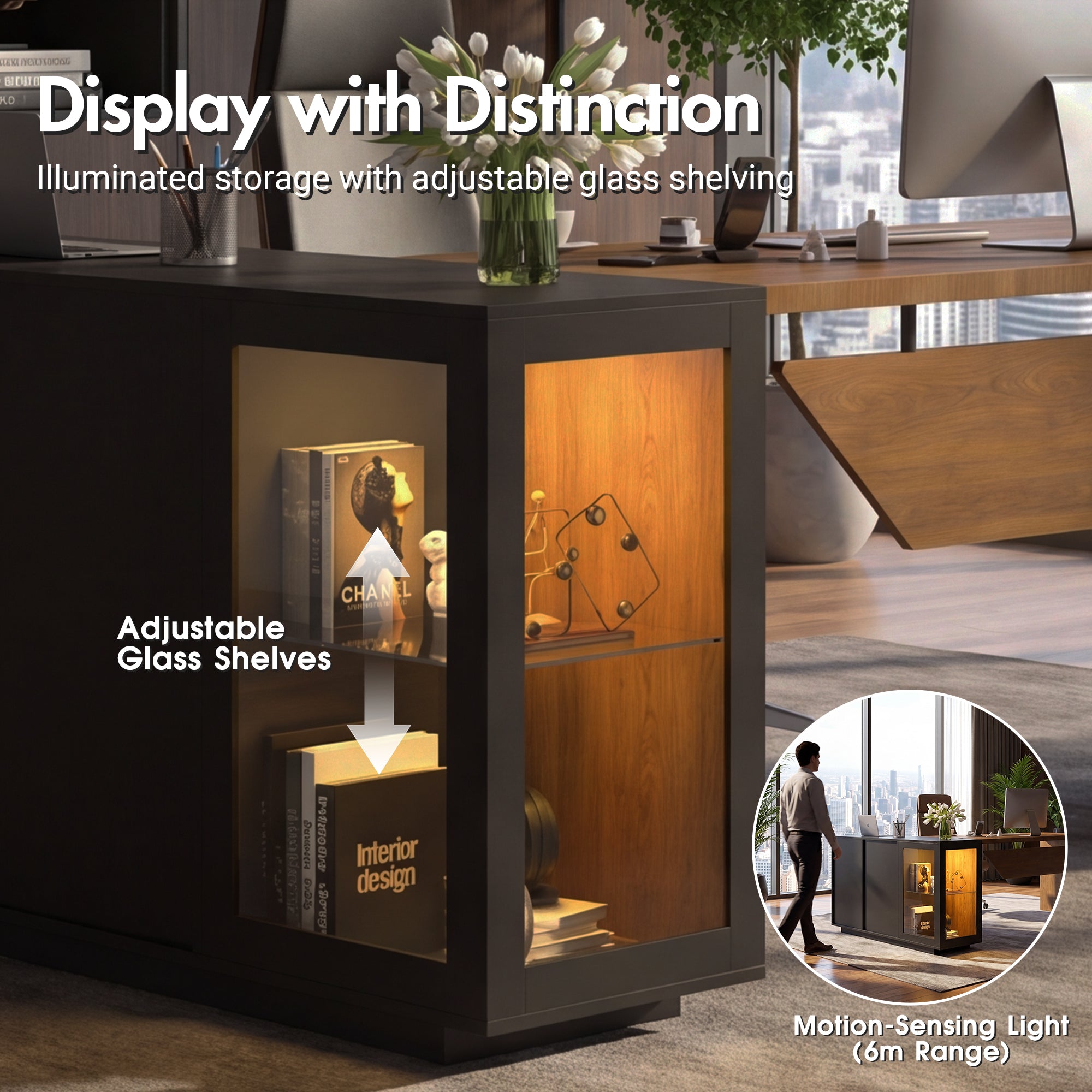 Advwin L-Shaped Executive Desk w/ Glass Display Cabinet