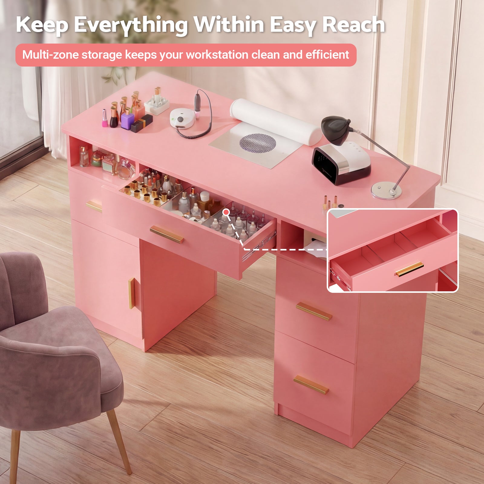 Pink nail art station with open drawer displaying tools, surrounded by a chair on a wooden floor.