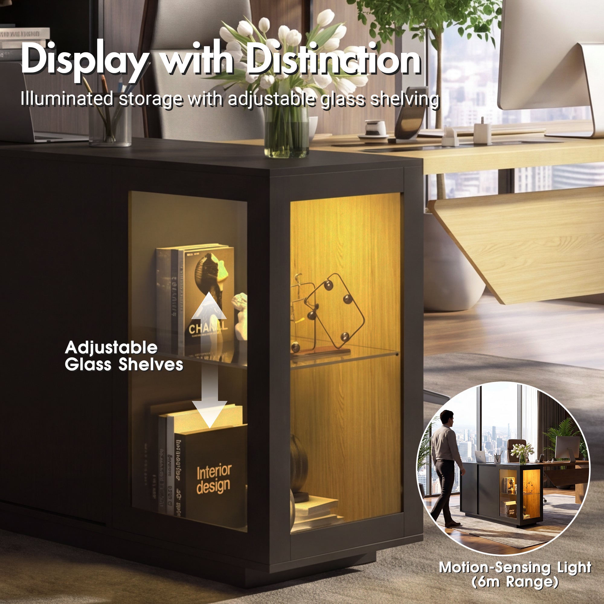 Advwin L-Shaped Executive Desk w/ Glass Display Cabinet